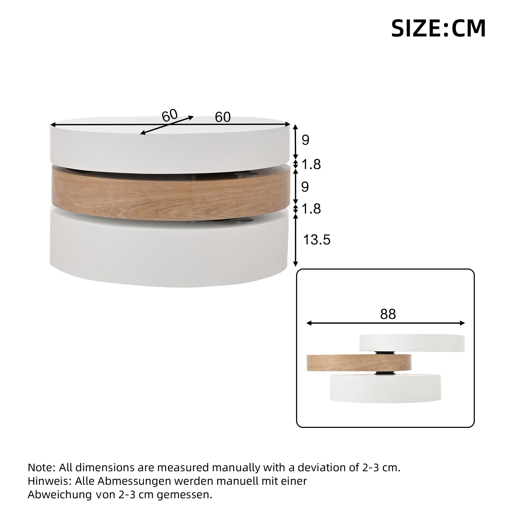Table basse ronde pivotante 60 x 60 x 35,1 cm avec plateau rotatif 360°, rangement intégré, 3 niveaux, blanc et bois naturel - 5
