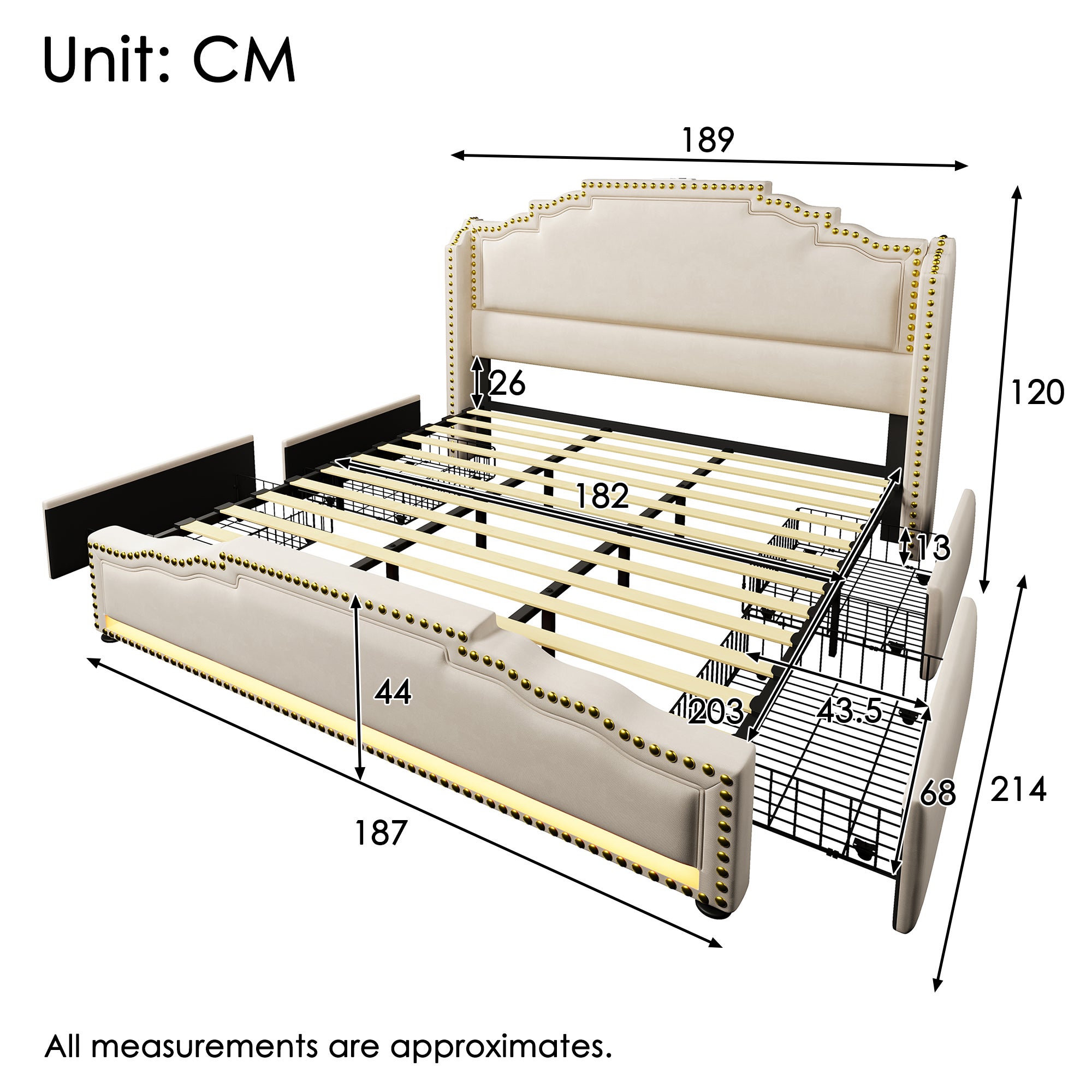 Letto Matrimoniale 180x200 In Velluto Beige | Testiera Con Cassetti | LED E Porta USB-C | Sistema Idraulico | Carico 200 Kg