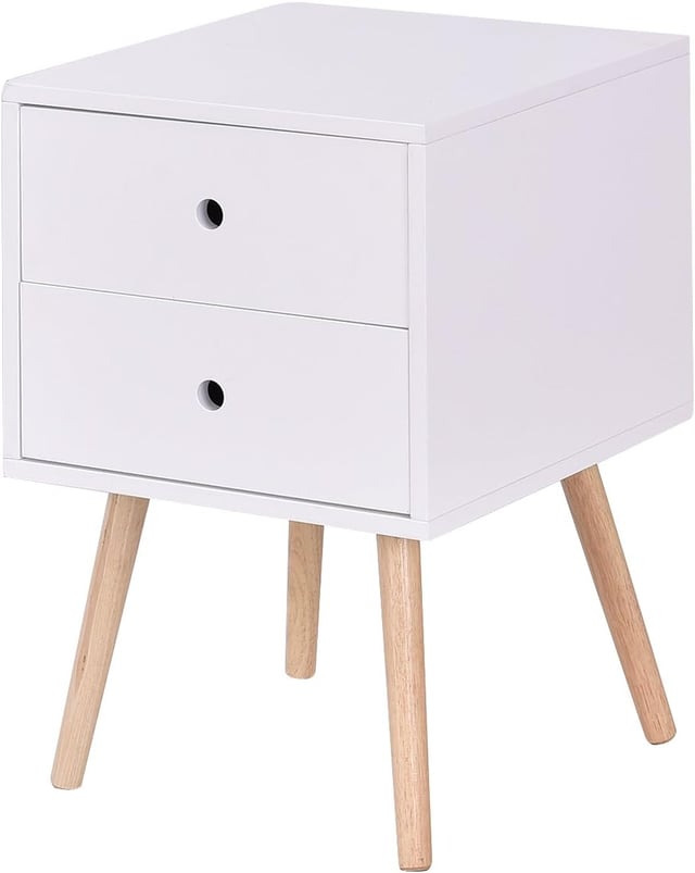 Table de Chevet à 2 Tiroirs, Table de Nuit Blanche, Table Basse Planche en MDF et Pied en Bois d’Hévéa, Structure Stable 40 x 40 x 56 CM