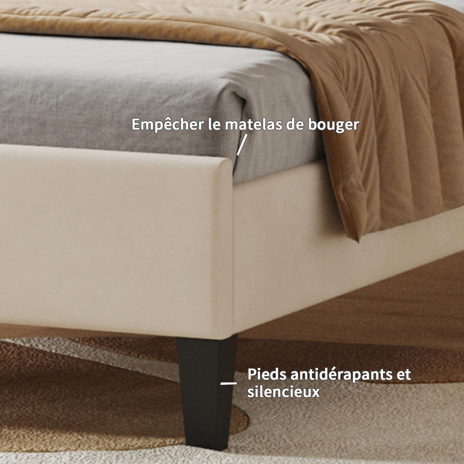 Cama individual 90x200 cm de terciopelo, cabecero en forma de flor, somier de láminas, cama infantil acolchada estilo escandinavo beige - 5