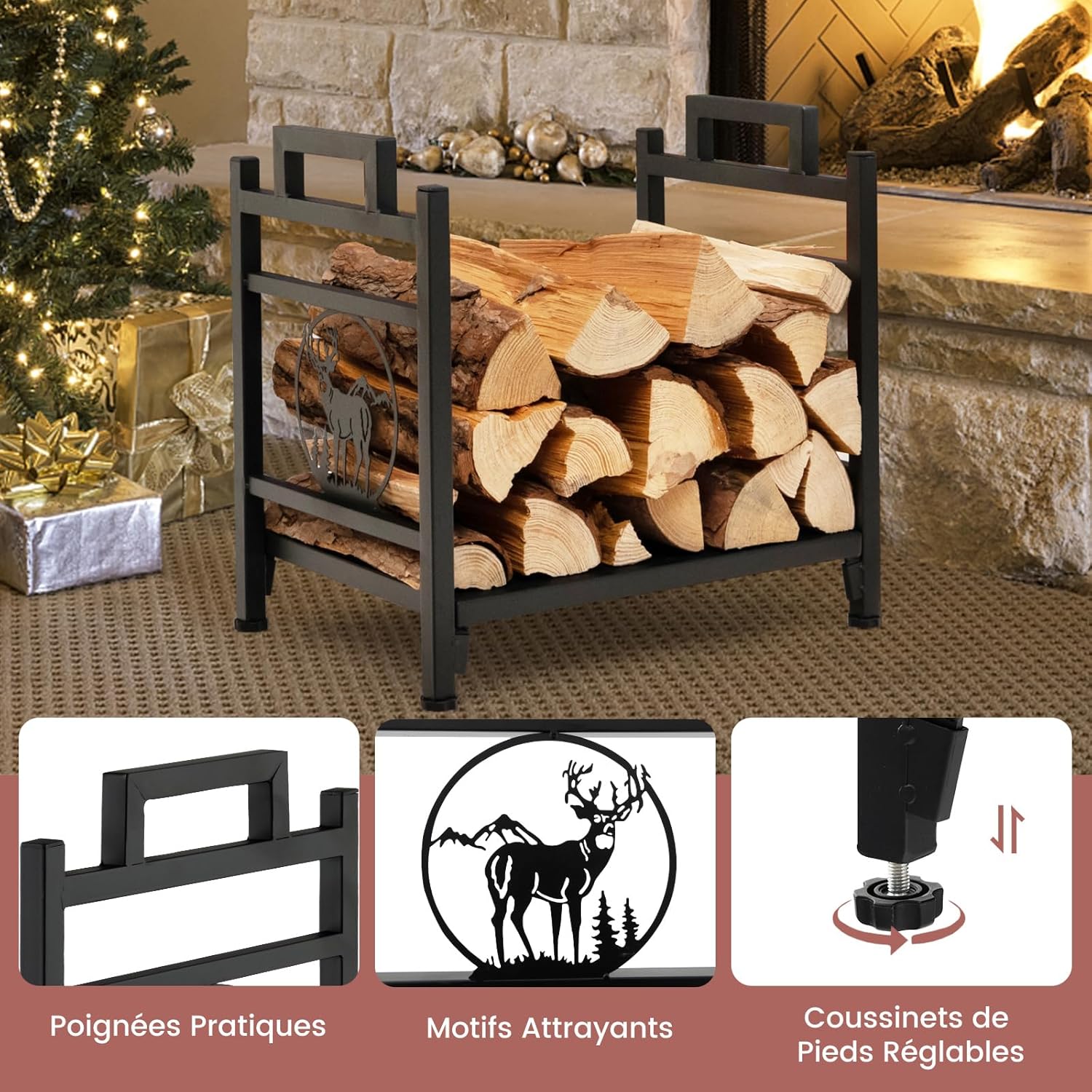 Étagère à Bois de Cheminée en Métal, Porte-Bûches Décoratif avec Base Surélevée et Pieds Réglables, 46X34X45 CM, Noir - 4