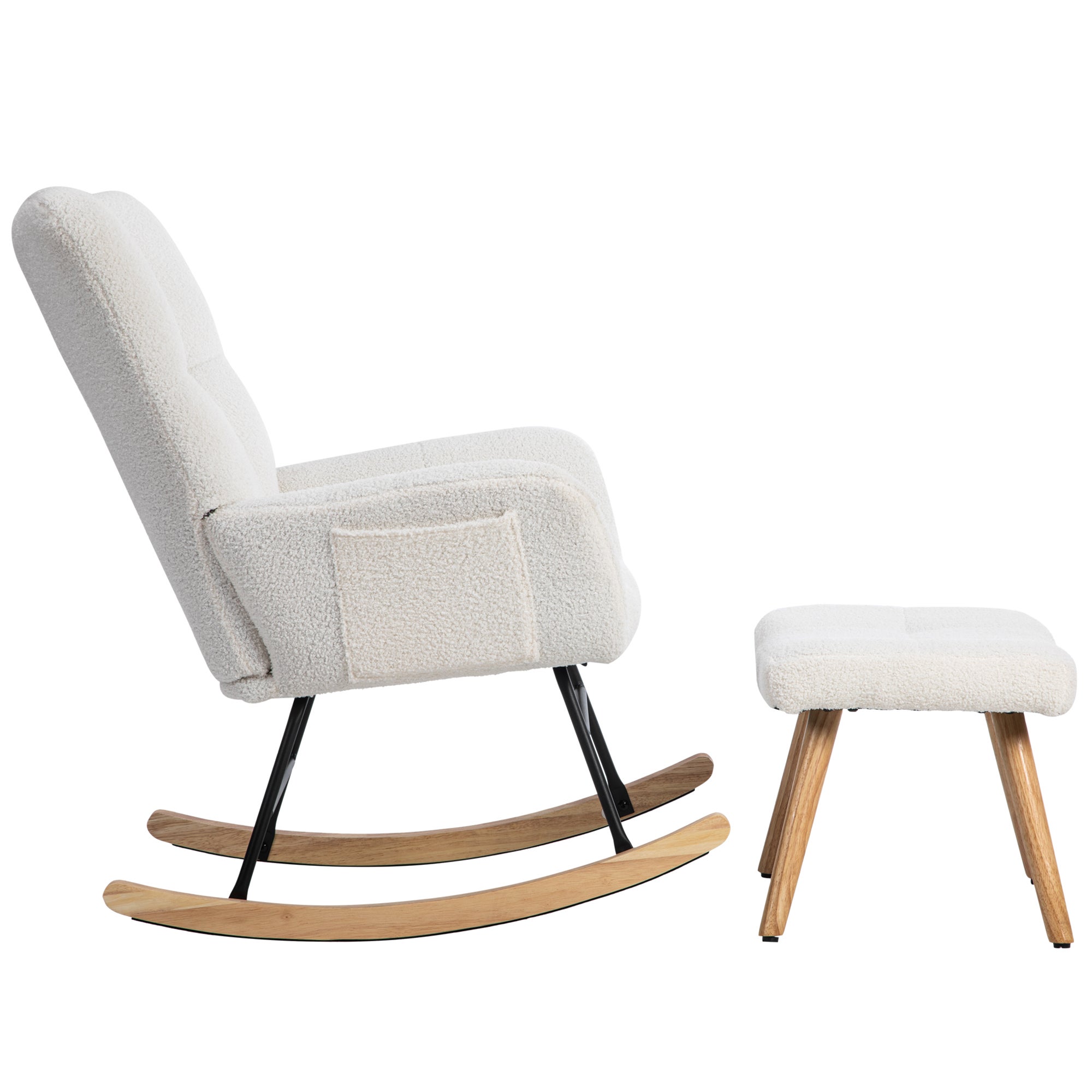Fauteuil à bascule Rocking chair en tissu bouclette - avec repose-pieds - Blanc - 8