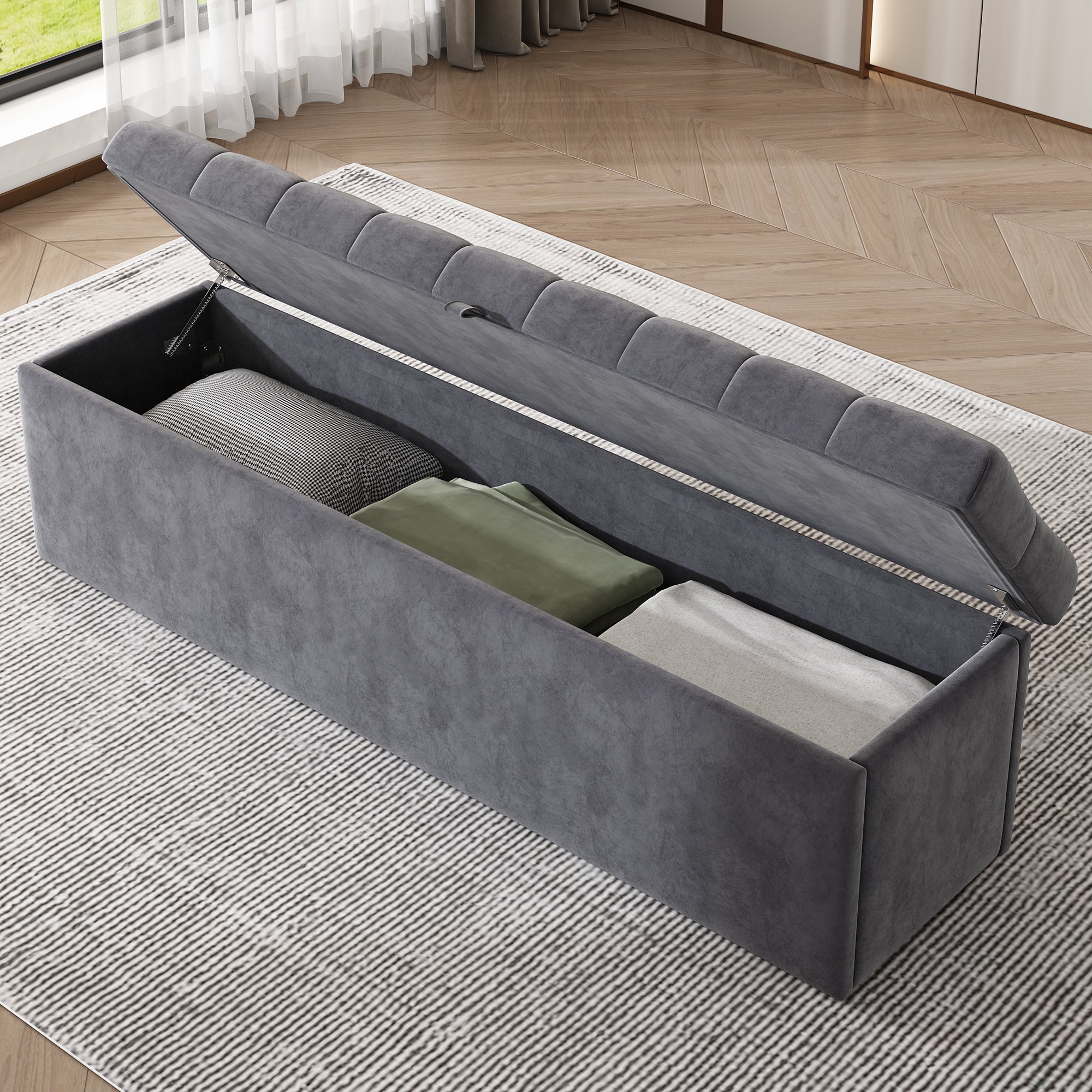 Ławka pokryta aksamitem, siedzisko wyściełane, taboret łóżkowy, ławka ze schowkiem, szara, 138 x 41 x 42 cm