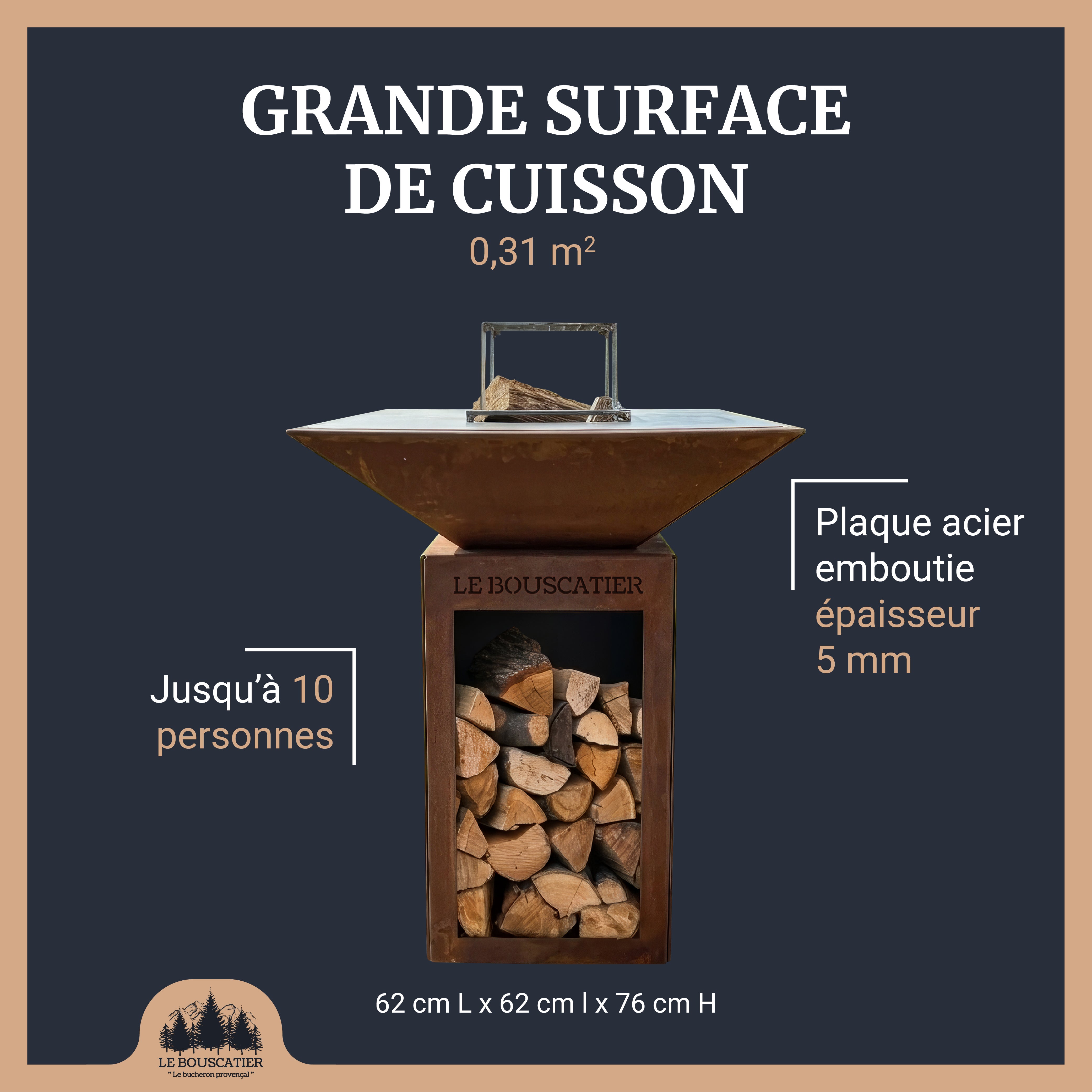 Lou Provençau carré 62x62x75cm - Brasero plancha en acier corten avec rangement bûches - grille de cuisson, stop food et kit d'allumage offert - 2