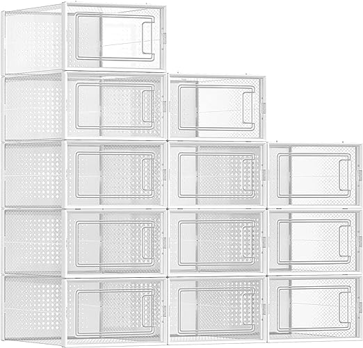 Caja Zapatero Plástico, Juego de 12 Organizadores, Plegable y Apilable para Zapatillas hasta talla 44, Transparente y Blanco