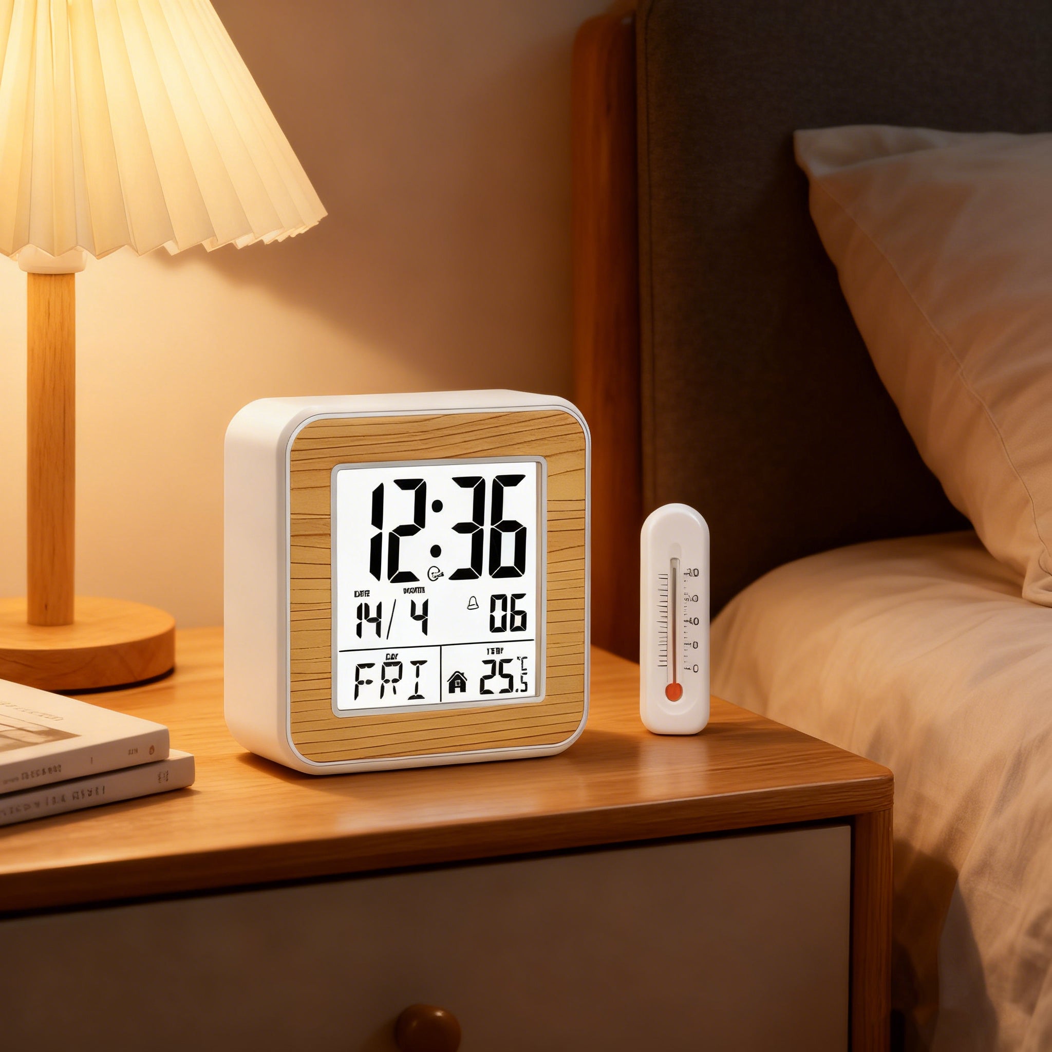Sveglia da comodino luminosa bianco marrone per bambini e studenti, display temperatura, calendario perpetuo e schermo facile da leggere - 4