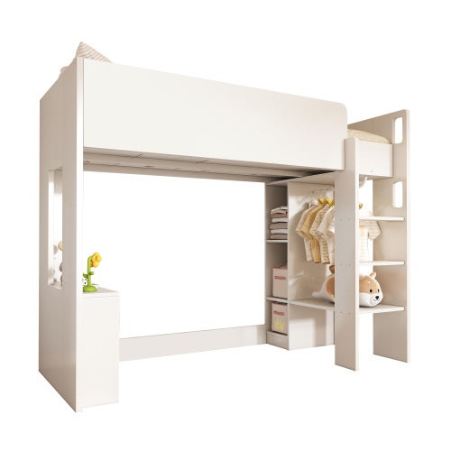 Lit Enfant Lit Simple 90 X 200 Cm En Bois Avec Rangement, Casiers Et Echelle De Securite Blanc