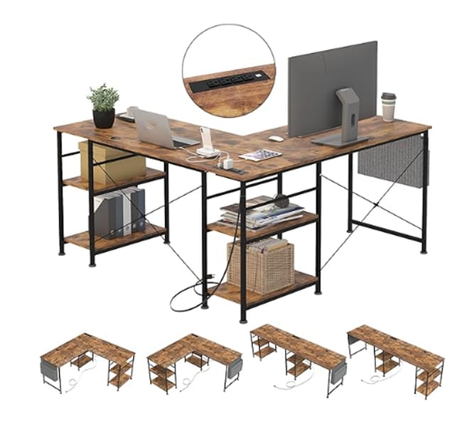 Biurko w kształcie litery L z półkami, odwracalne biurko narożne do małych przestrzeni, duże biurko gamingowe z gniazdkiem elektrycznym