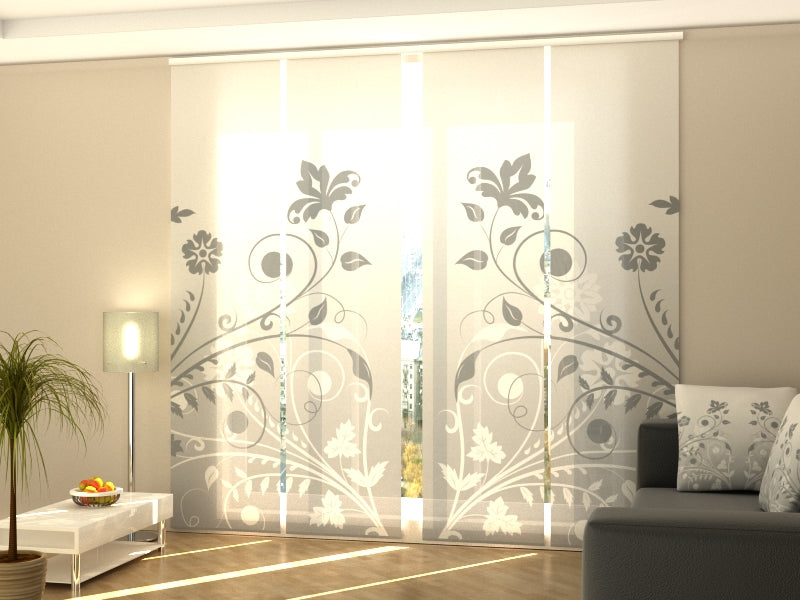 4 paneles japoneses wellmira con riel de 4 vías, 60x245 cm - abstracción floral gris delicada