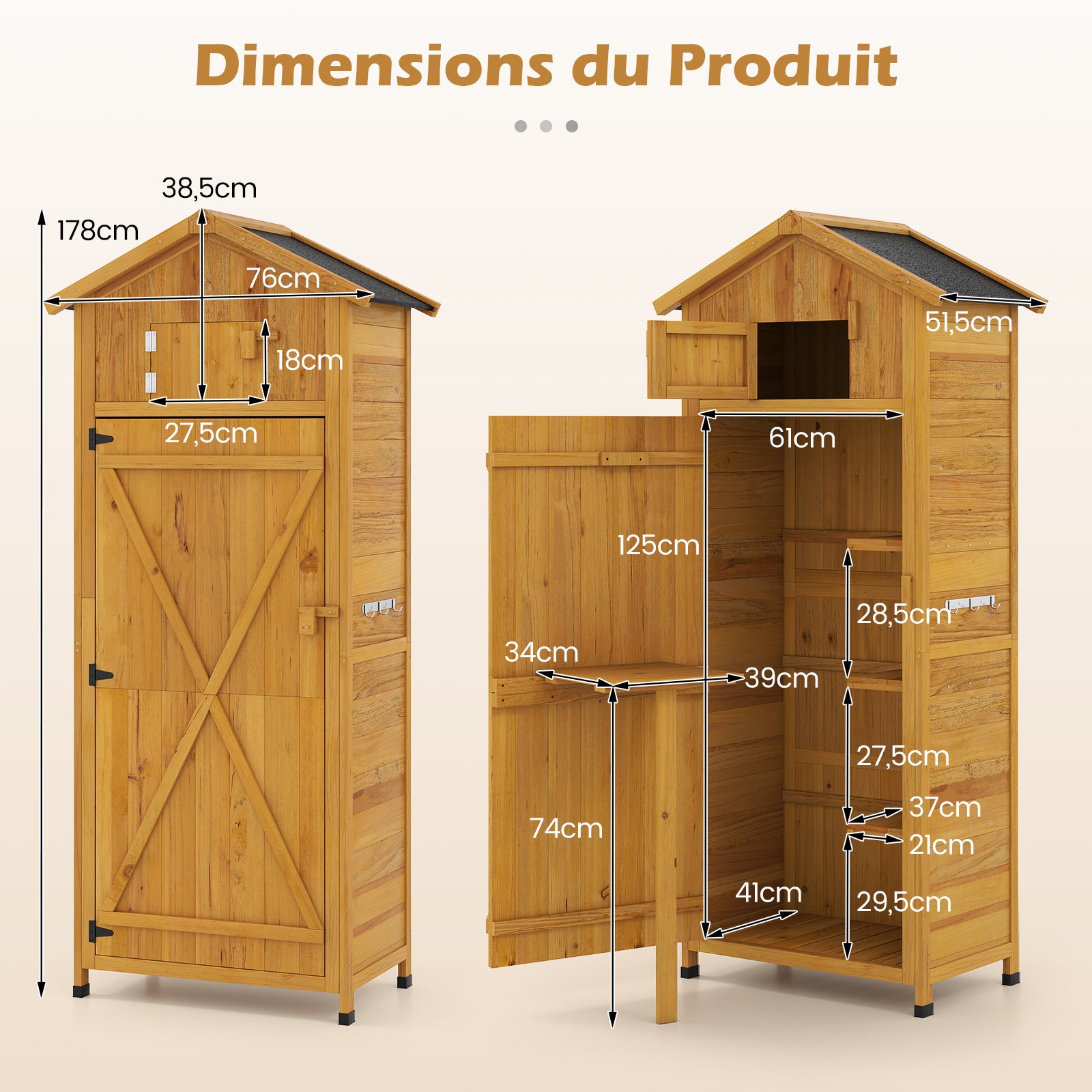 Abri de Jardin en Bois, Armoire d'Extérieur avec Porte Verrouillable, Étagères Amovibles, Table Latérale Pliante, 3 Crochets, Toit en Asphalte - 2