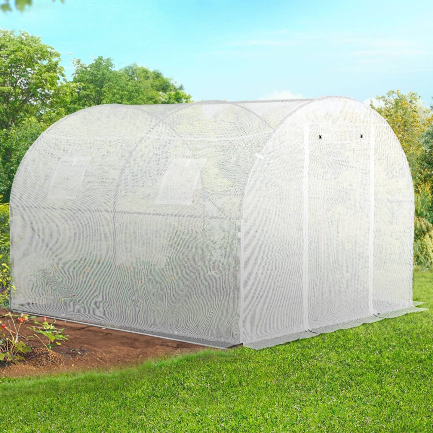 Serre de jardin tunnel 6m² 3 x 2 x 2 m acier galvanisé + bâche anti-UV avec porte et fenêtres ROMA blanche toutes saisons - 3