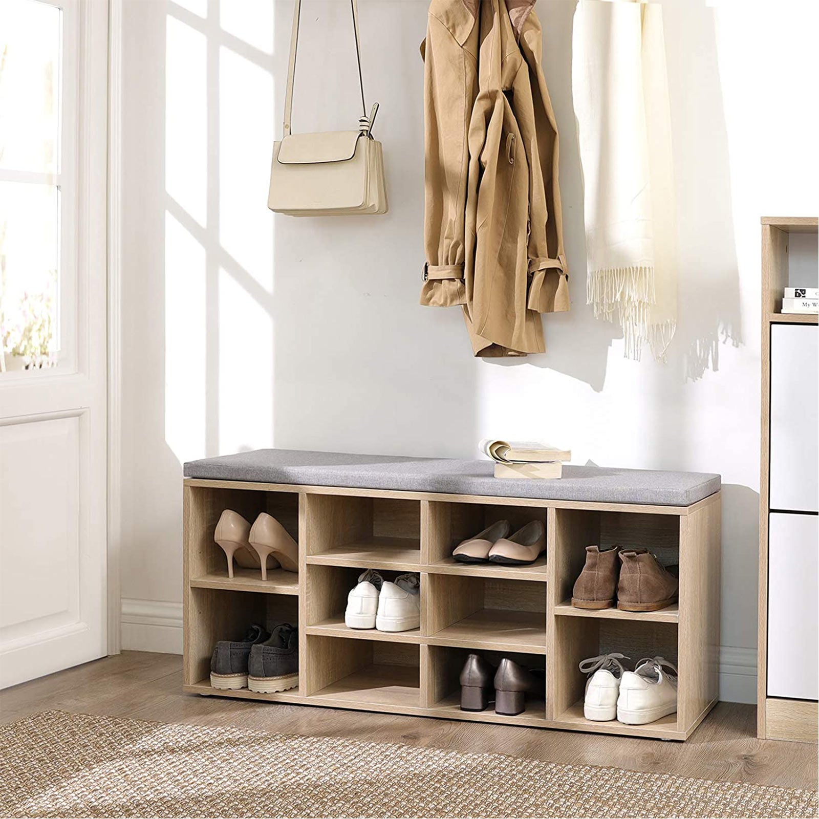 Meuble À Chaussures, 10 Compartiments,avec Coussin, 104 X 30 X 48 Cm, couleur Boisée - 6