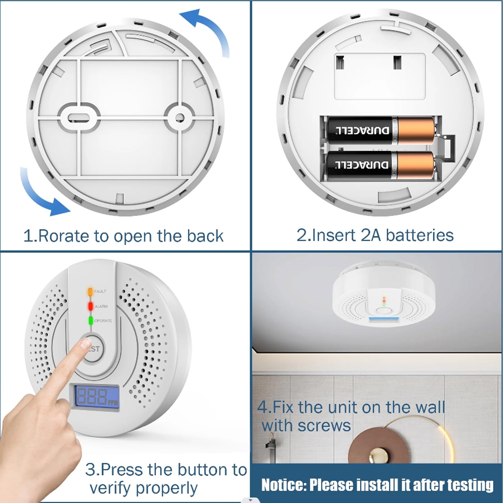 Detector de monóxido de carbono, pantalla digital y alarma sonora, alarma portátil de viaje, 9,6 x 9,6 x 3,1 cm, color blanco (sin batería) - 6