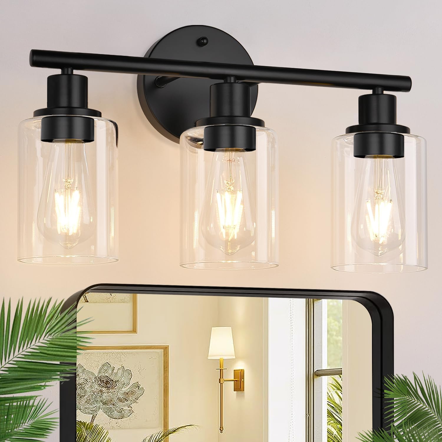 Aplique de pared moderno negro de 3 luces con pantalla de vidrio transparente para baño, sala de estar, dormitorio, bombilla e27 (no incluida)