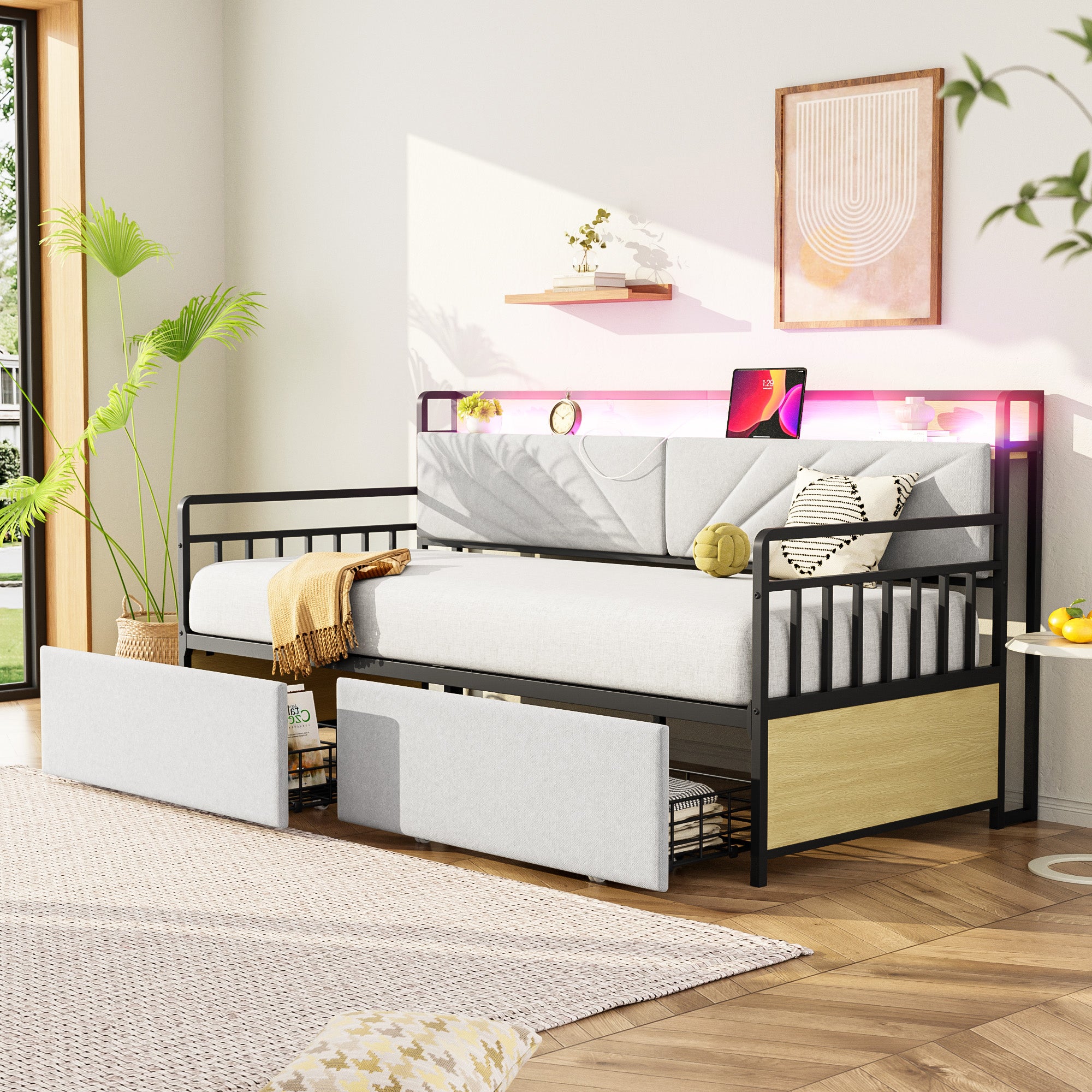 Łóżko 90 x 200 cm z 2 szufladami i gniazdkami wielofunkcyjnymi, sofa rozkładana - LED - Żelazo + sklejka + MDF - Beżowe (Bez materaca)