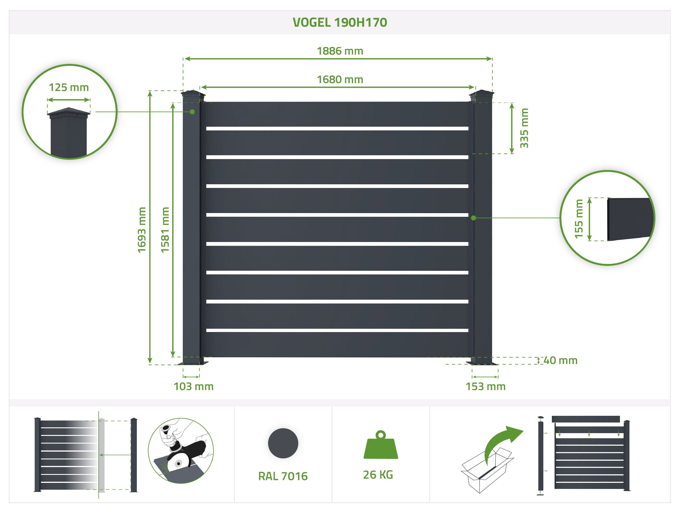 Kit clôture aluminium pleine VOGEL – H.170 cm – L.1,90 m – gris anthracite – kit complet - 2