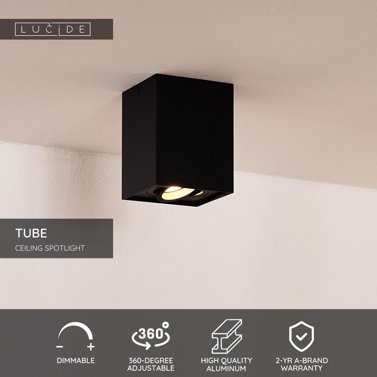 Spot plafond TUBE - Noir - 1xGU10 (MR16) - Lucide - 2