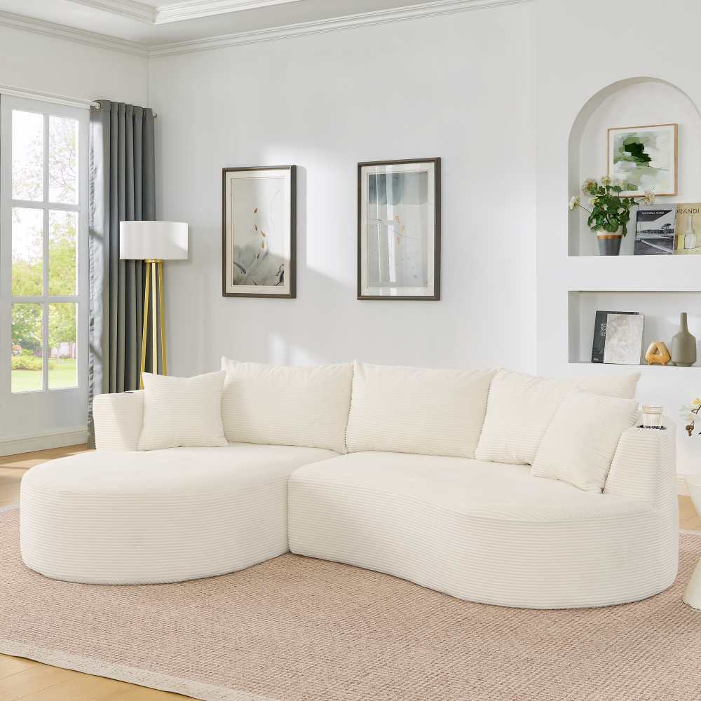 Canapé 3 places + méridienne gauche, velours doux, forme arrondie, coussins et porte-boissons, pour salon, hôtel, appartement. - 8