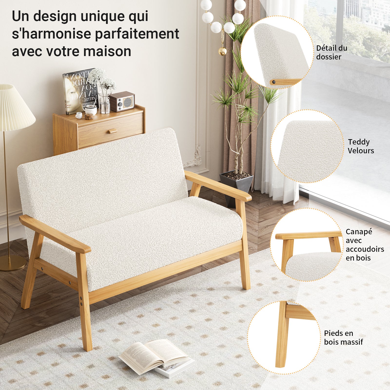 Canapé 2 Places en Velours Teddy Confortable pour Salon,Pieds en Bois,Fauteuil Simple Scandinave,107x60x76cm，Beige - 3