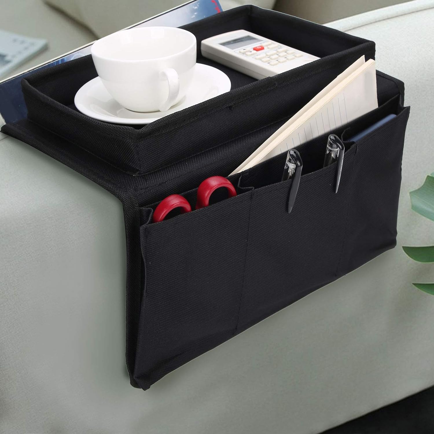 Organizer per bracciolo poltrona divano, antiscivolo per telefono, libri, riviste, telecomando TV, nero - 3