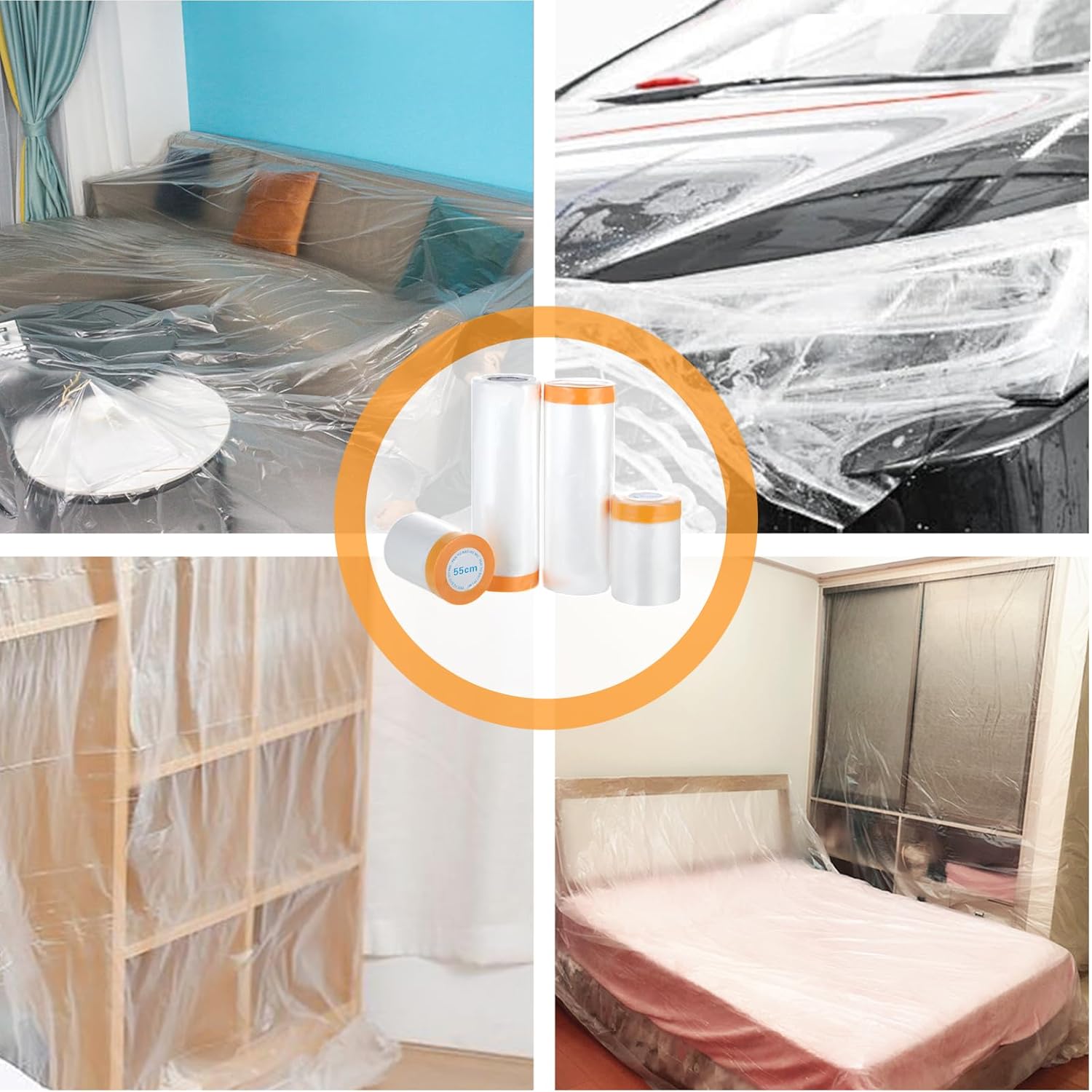 Lot de 4 Bâches de Bâche Protection Peinture, (80m au total)(2 Rouleaux 55cm x 20m + 2 Rouleaux 180cm x 20m) – ruban de masquage peinture - 6