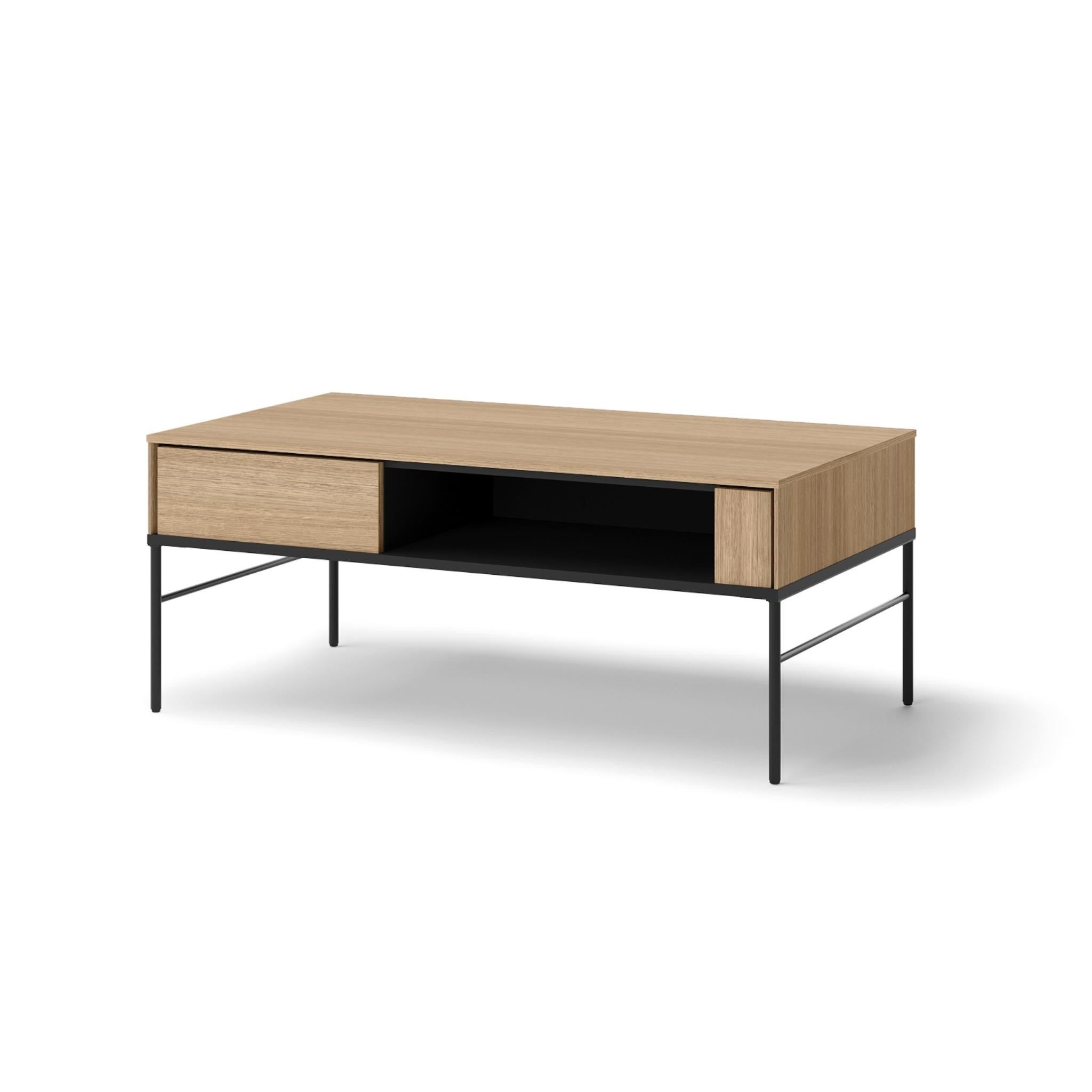 Stolik kawowy VISSO 110x60 cm – półka, metalowe nogi, dąb linearny – nowoczesny design