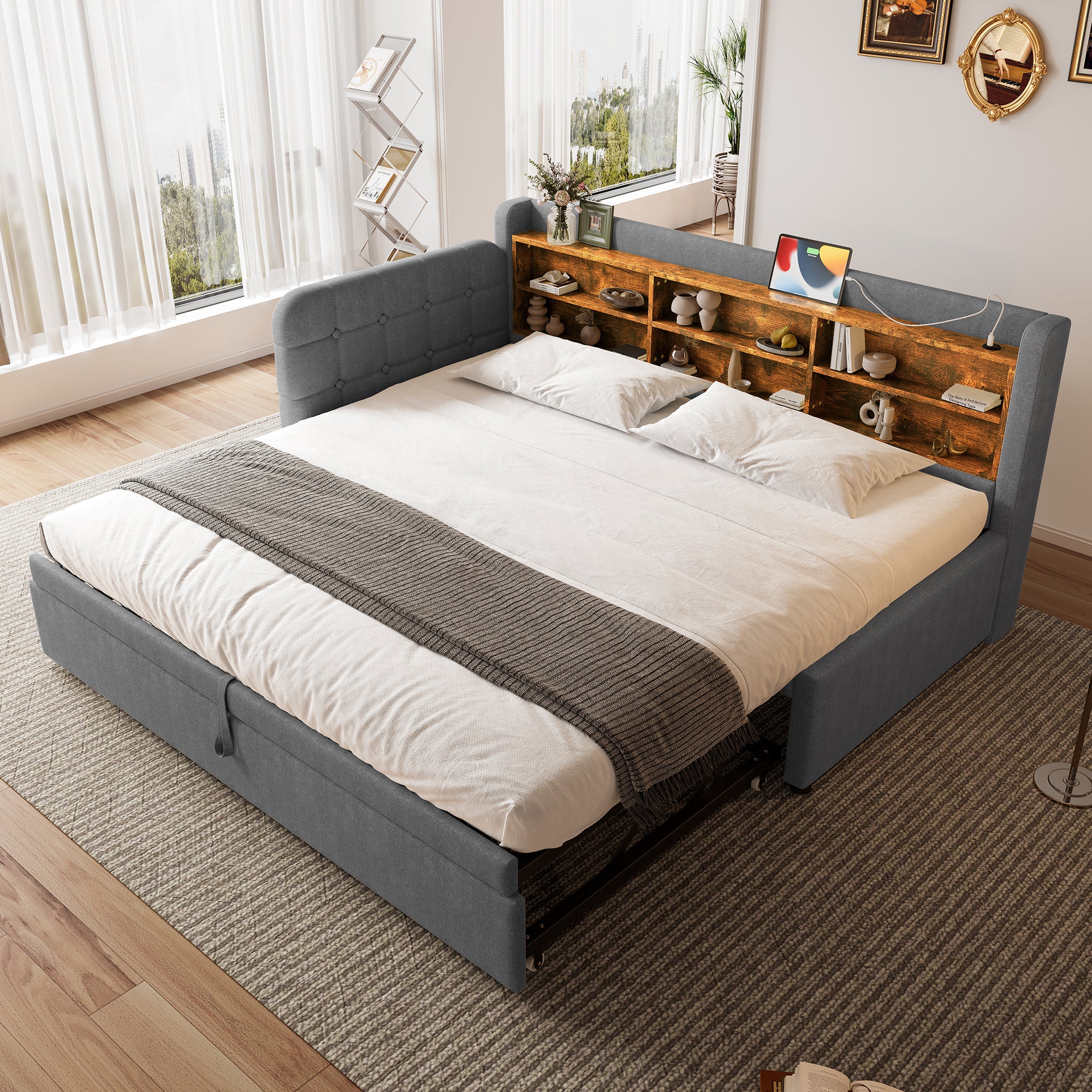 Łóżko wysuwane 90/180 x 200 cm z przegródkami, sofa rozkładana - Tkanina lniana - Gniazda USB + Typ C - Szare (bez materaca)