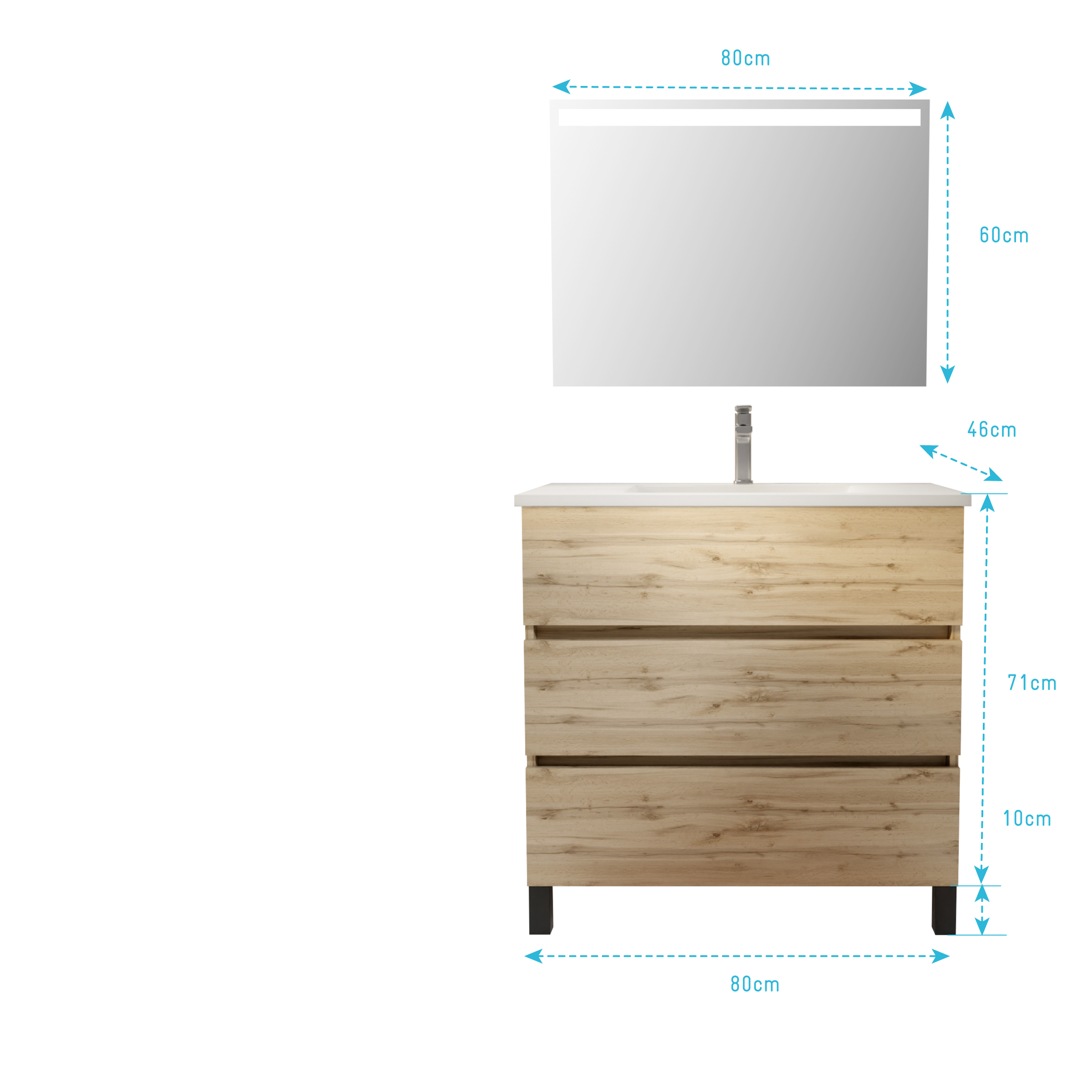 Pack Meuble SDB 80cm sur pieds 3 tiroirs Chene_Vasque blanche + Miroir Led - TIMBER 80_Pack46 - 5