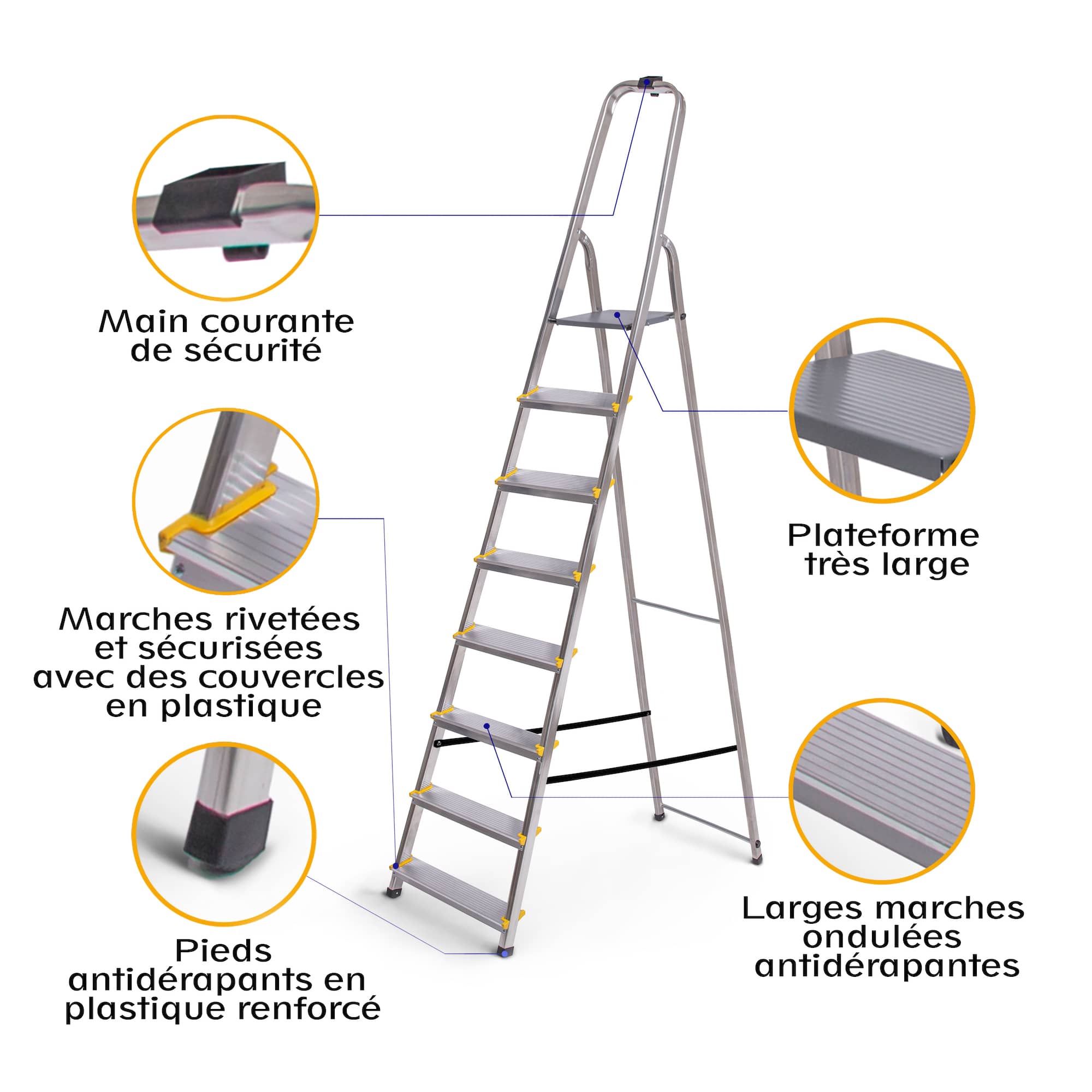 HOSTRÖM Escabeau 8 marches DURA pliable, marchepied léger en aluminium, hauteur plateforme 162cm, pieds antidérapants, charge 150kg, garantie 5 ans - 4