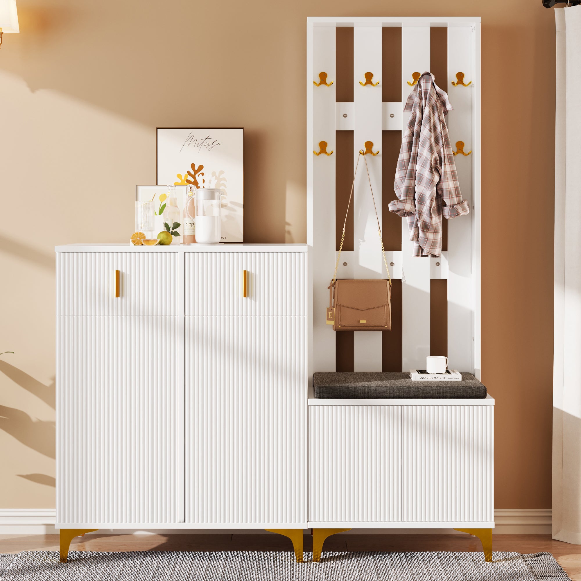 Zestaw szafek na buty z ławką na buty i wieszakiem na ubrania - 60,5x35,2x180,5 cm + 83x35x101 cm - Płyta wiórowa - Biały