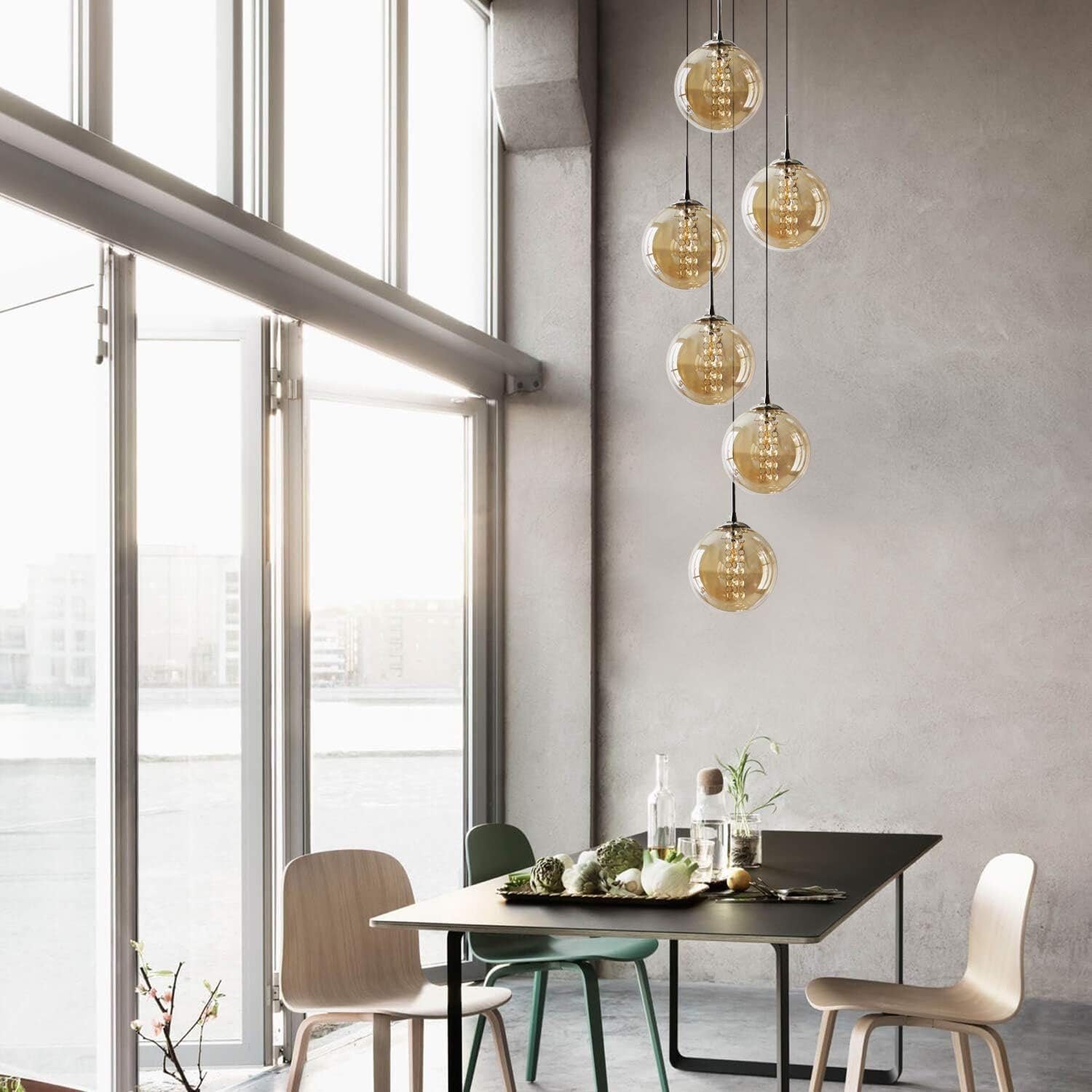 NETTLIFE Suspension verre Diam.31cm G9 ambre table à manger boule réglable en hauteur 6 lampes dans la cuisine lampe de salon lampe de chambre - 7