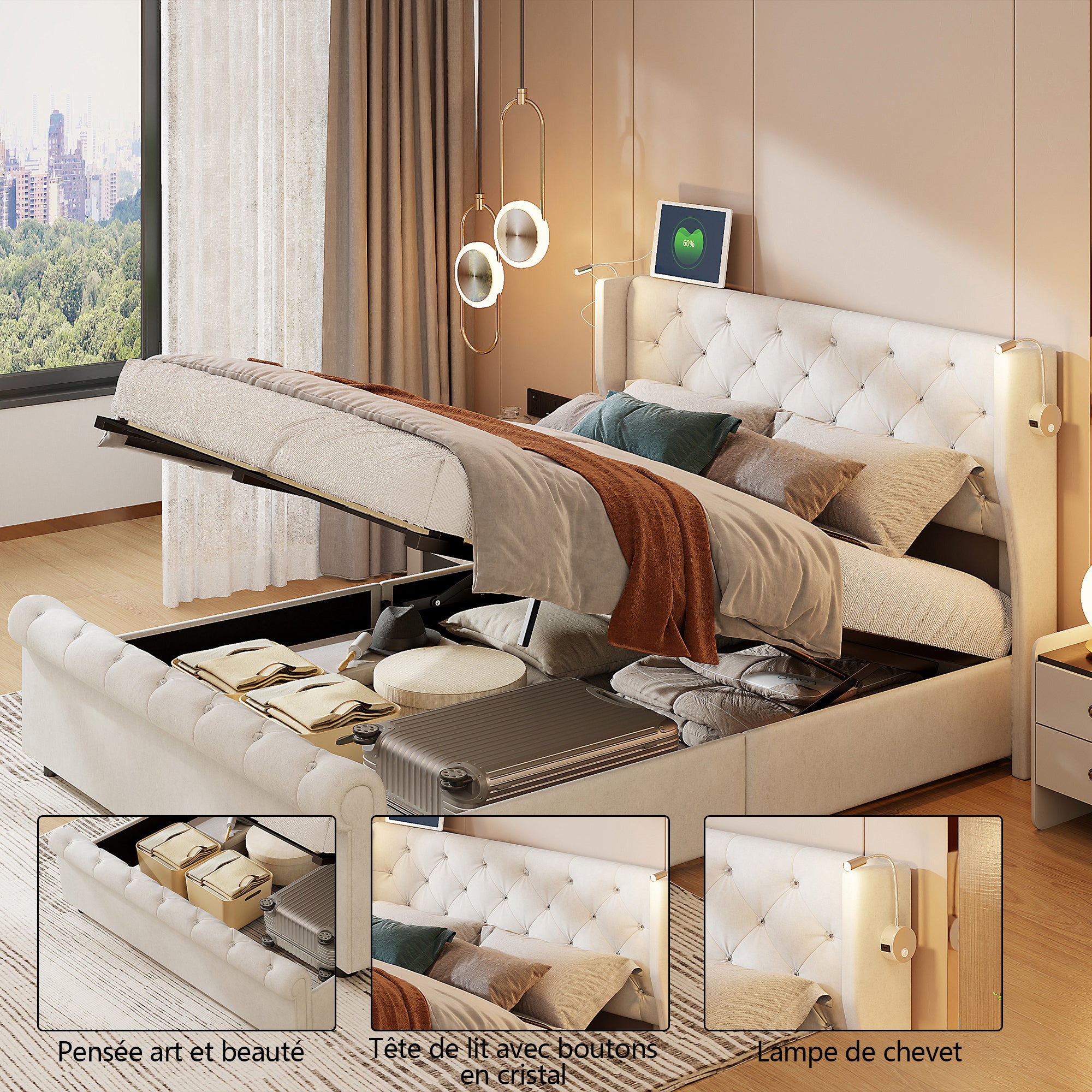 Lit coffre 140x190 velours beige, tête de lit avec LED et port USB, sommier à lattes inclus, rangement hydraulique à vérins, chambre adulte - 7