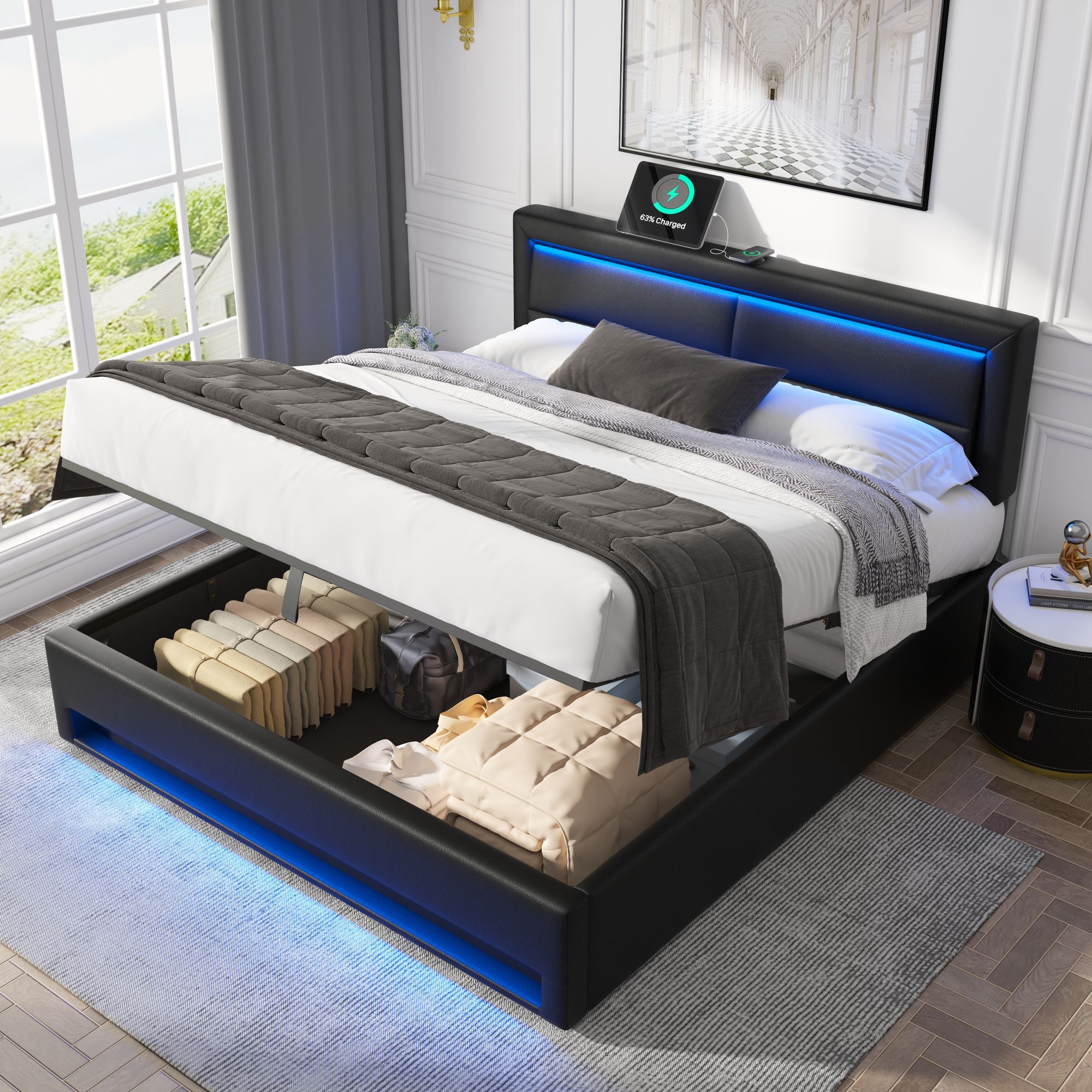 Lit coffre 140x190 cm,lit rembourré -port usb+éclairage led+ grand espace rangement - sans matelas-noir - 2