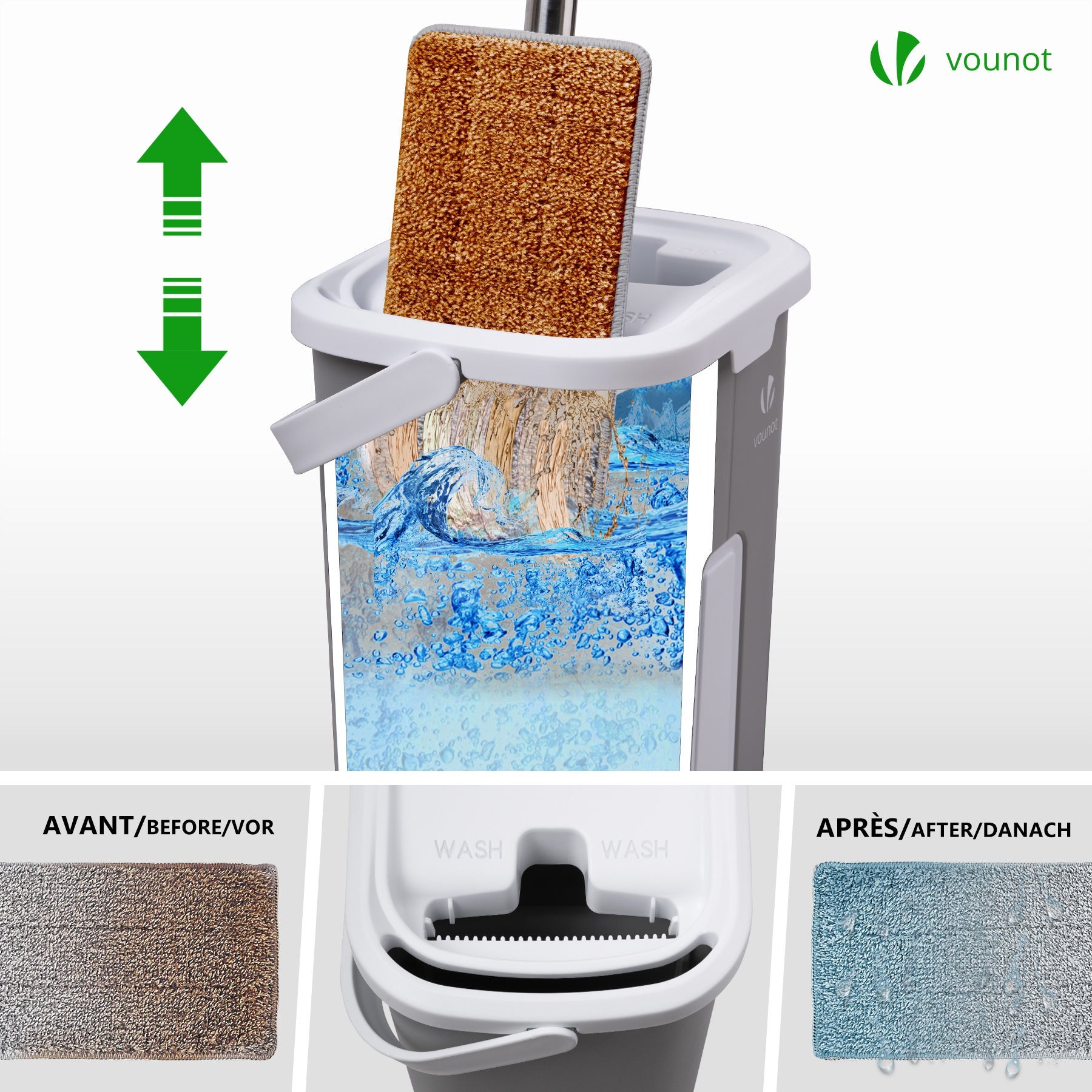 Balai plat microfibre avec seau essoreur auto-lavage double compartiment - 6 serpillères réutilisables - gris - VOUNOT® - 2