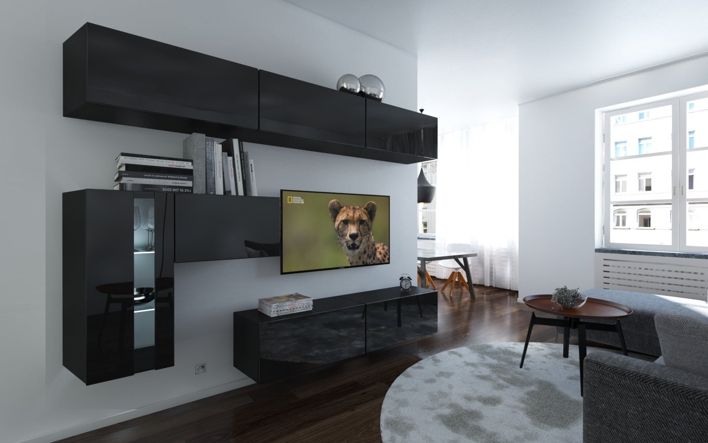 Mueble de salón moderno N81 – negro brillo – Estándar – 249 x 191 ...
