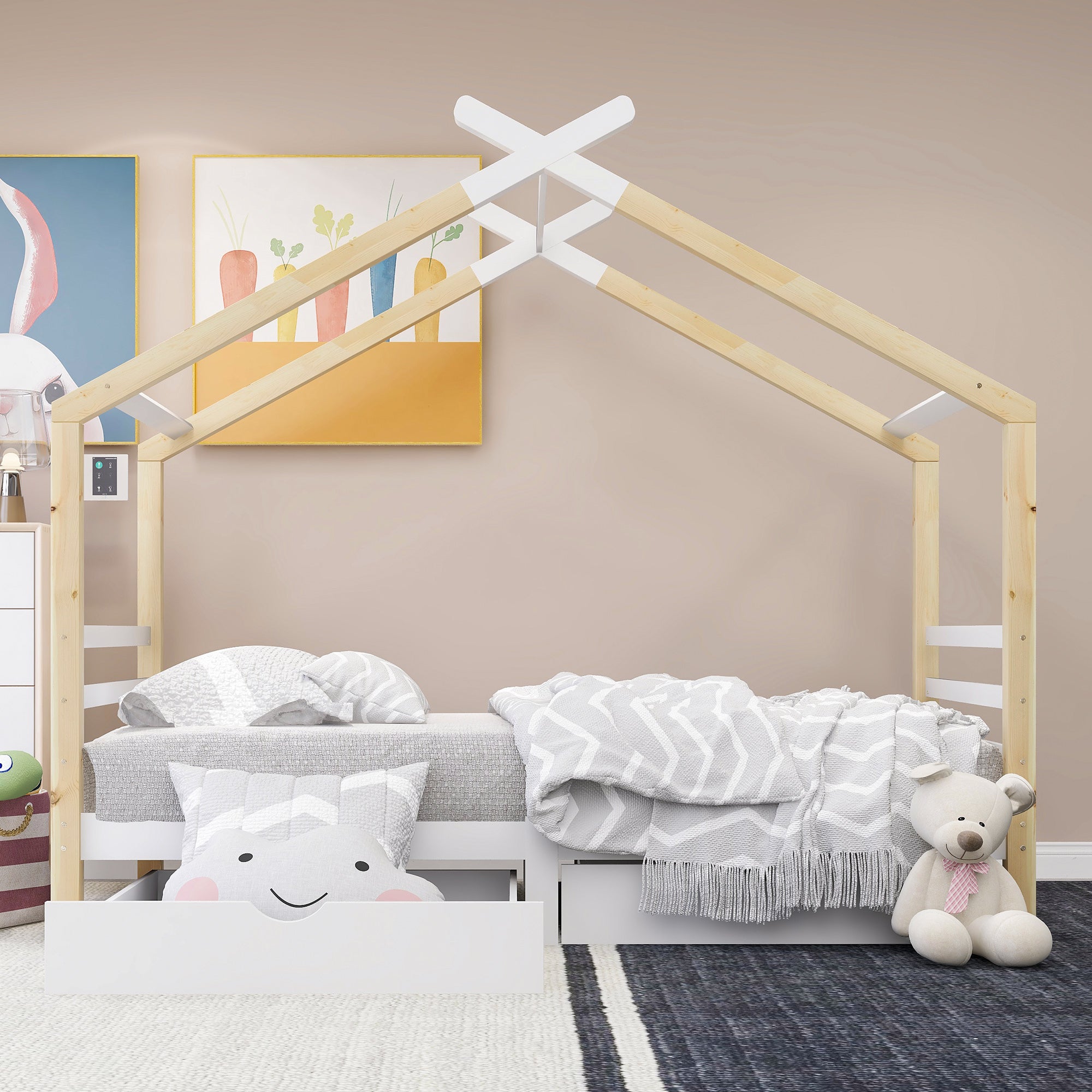 Łóżko piętrowe 90x200cm z litego drewna z 2 szufladami - Naturalne i Białe