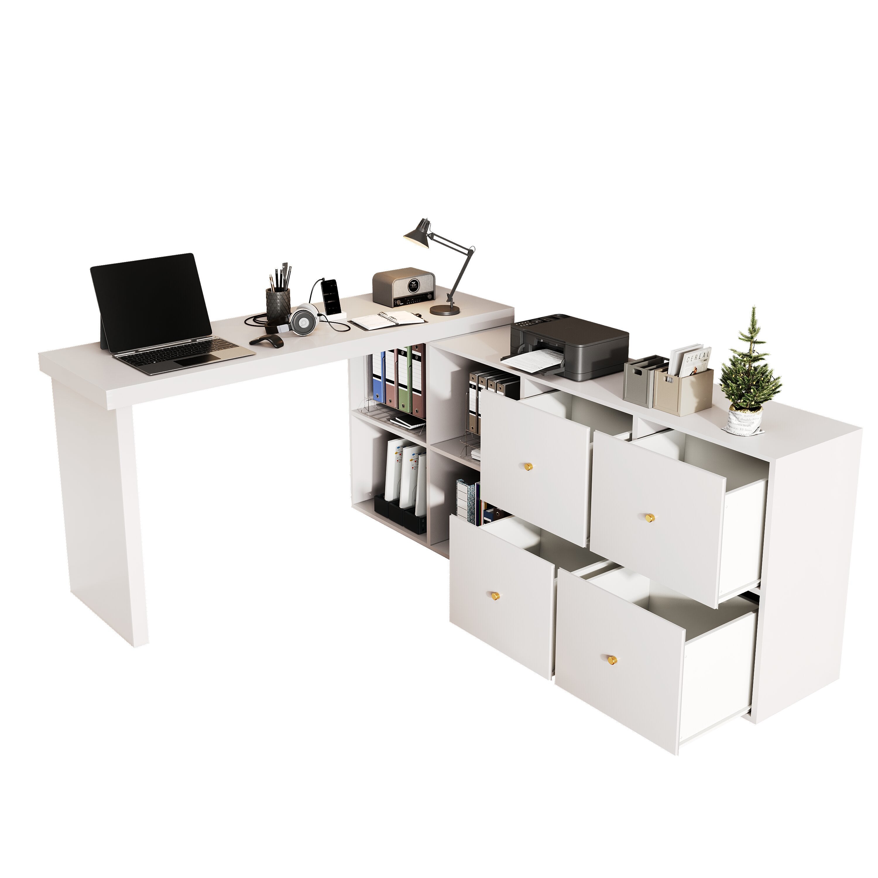 Bureau d'angle pivotant avec 4 compartiments et 4 tiroirs - 120 x 48 x 78 cm + 140 x 35 x 74  cm - MDF - Blanc - 8