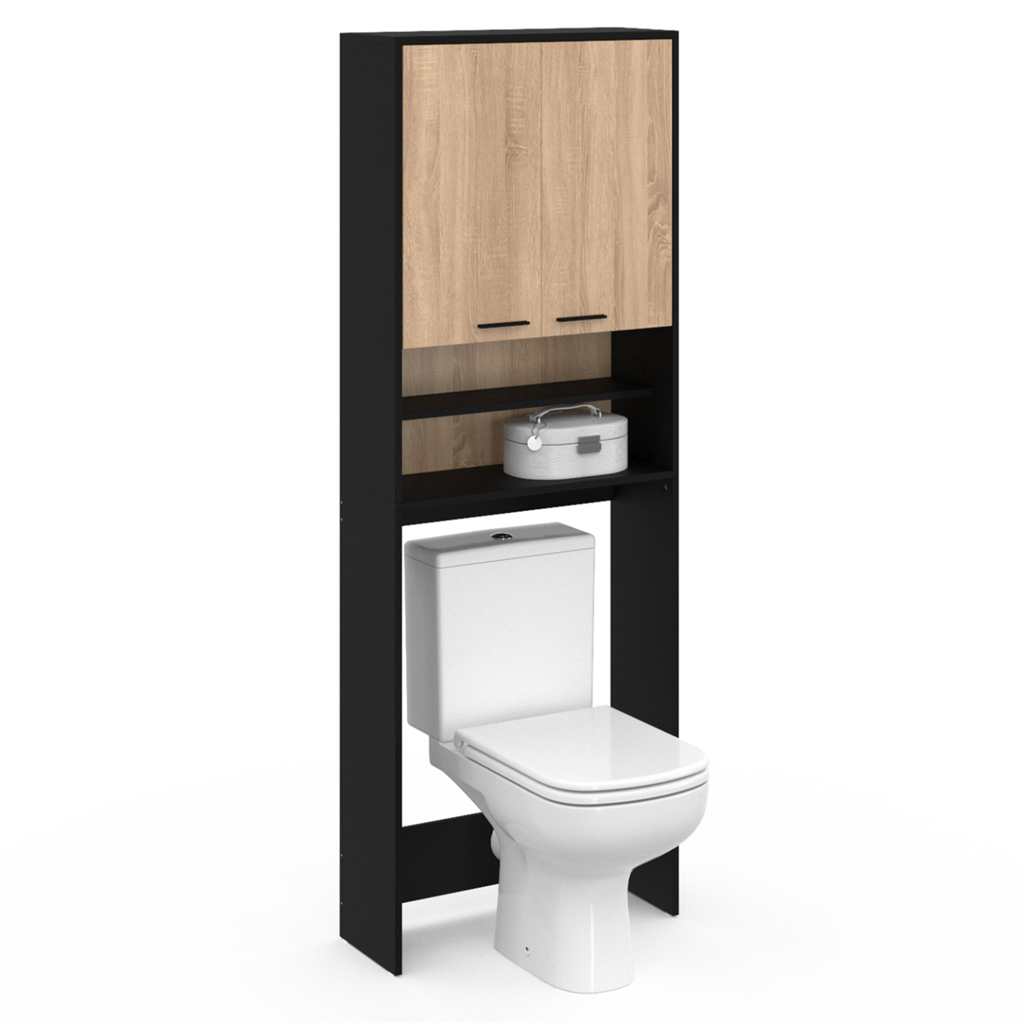 Meuble étagères de rangement dessus machine à laver et WC WALLIS noir et bois façon hêtre - 5