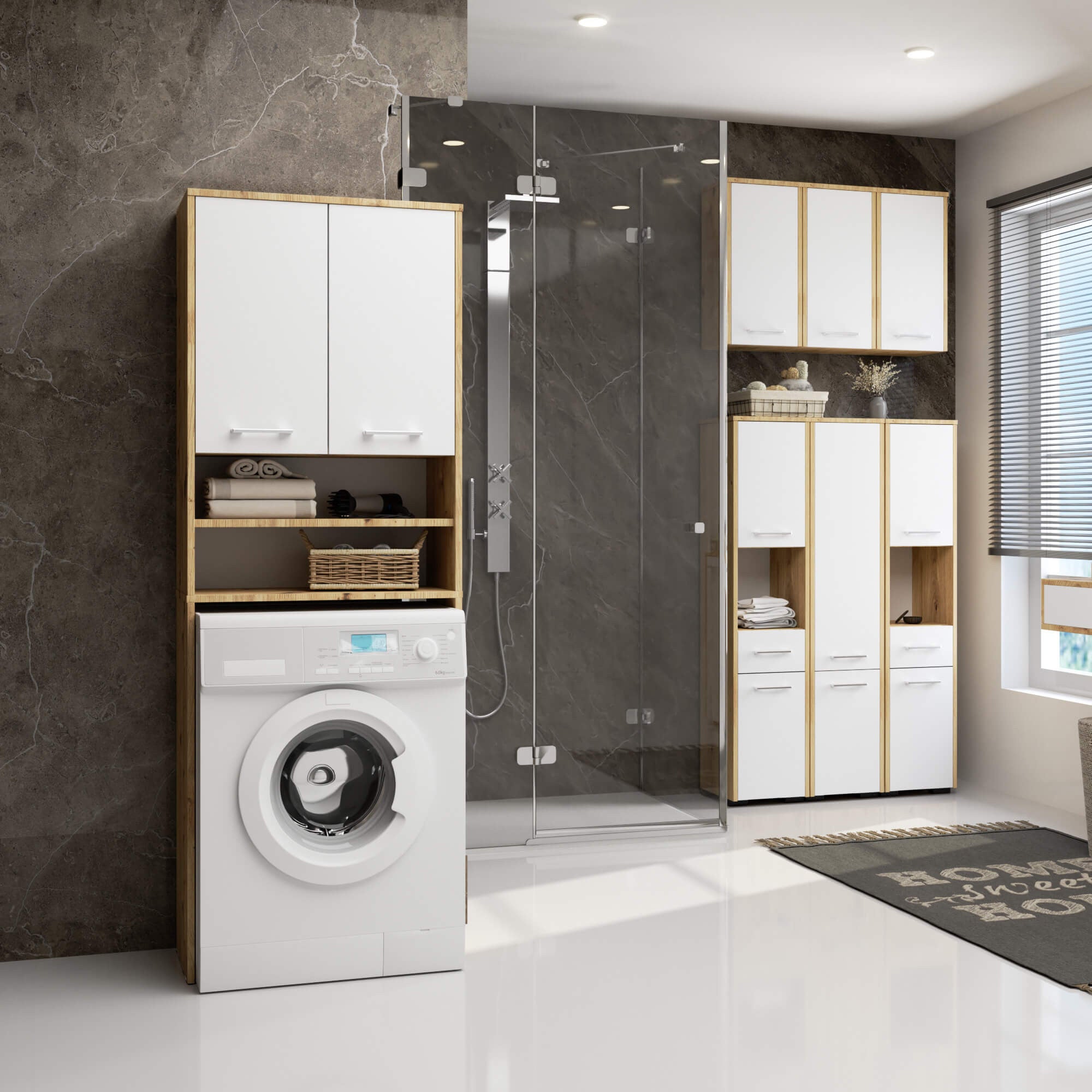 Columna de baño AKORD FIN para integrar lavadora Roble Artisan 64 cm, 2 puertas, inserto frontal Blanco, 64 × 30 × 180 cm - 5