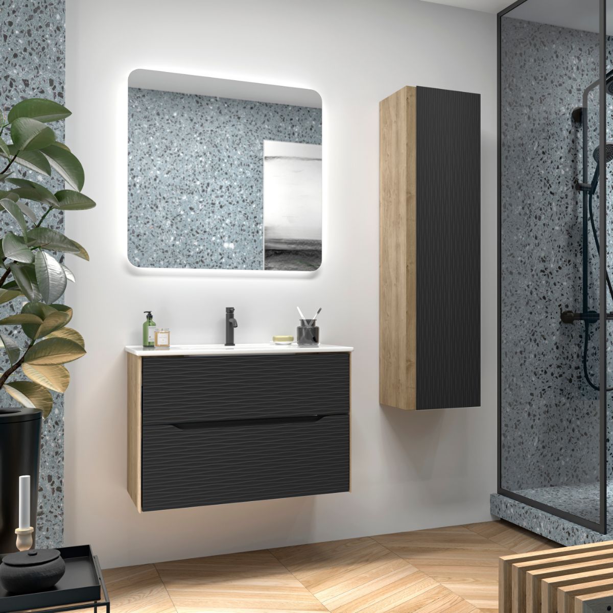 Mueble Bano Suspendido con Lavabo Ceramico 2 cajones con Unero Cierre Amortiguado y Organizador Roble Natural Negro 100cm Leroy Merlin