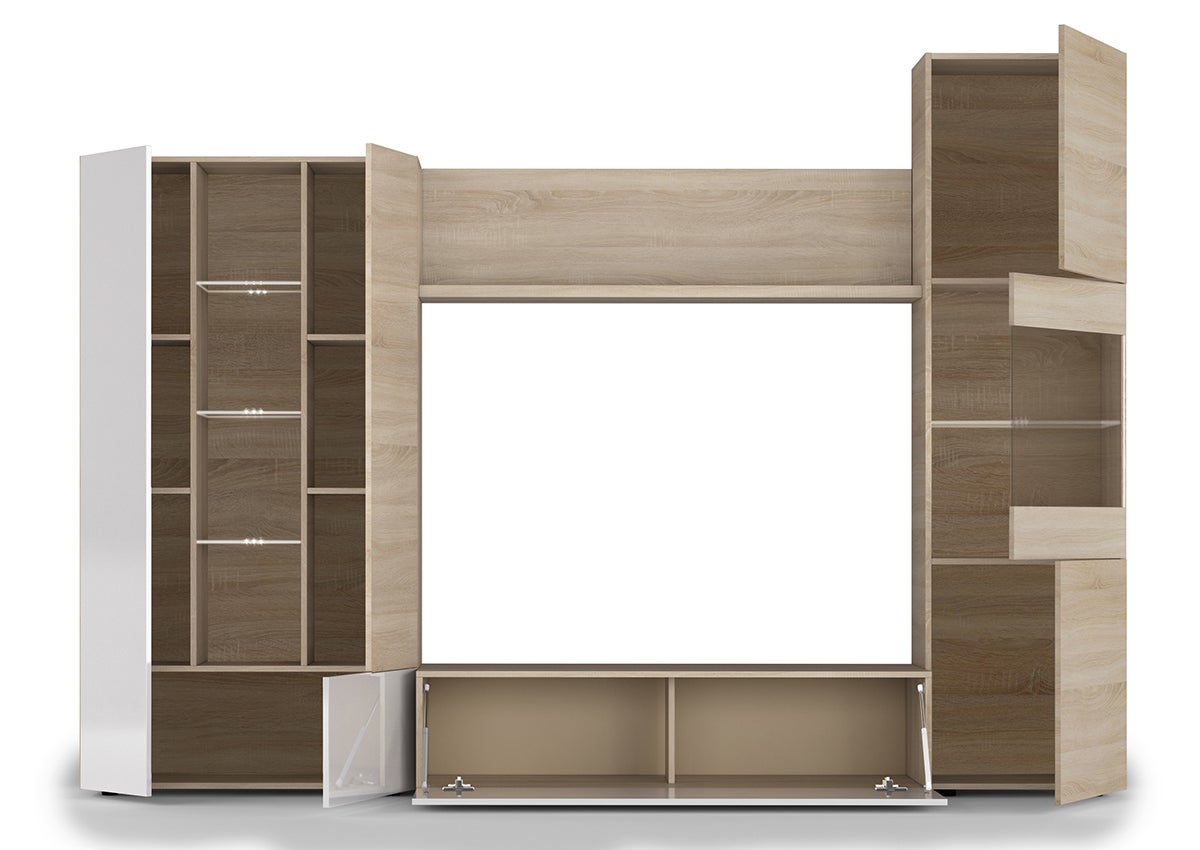 Meuble TV coloris Blanc Brillant / chêne Canadien en mélamine - Dim : 185 x 260 x 42 cm - 2