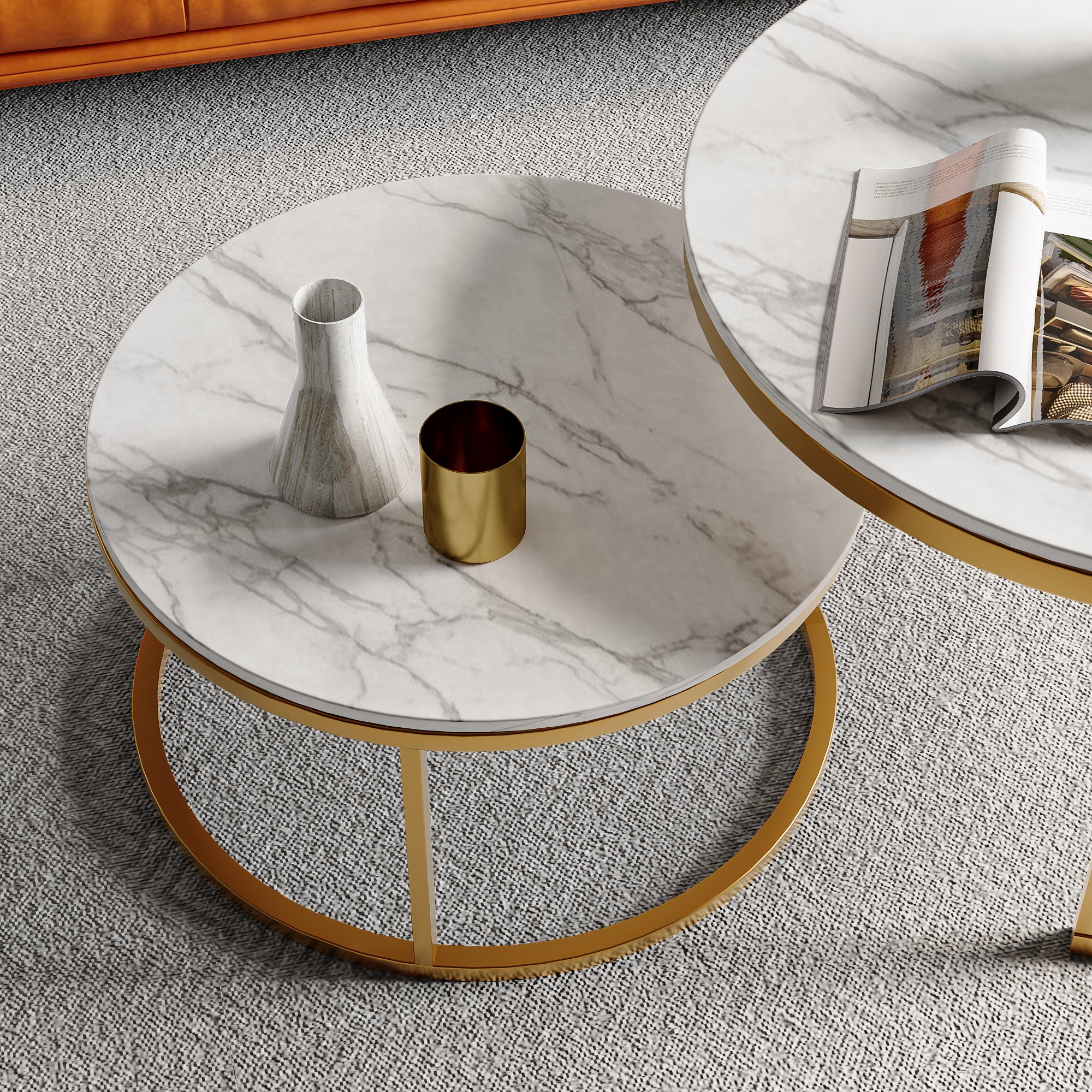 Lot de 2 Tables Basses Gigognes, Table d'appoint Ronde avec Plateau en Marbre Texturé et Cadre en Métal, Bout de canapé pour Salon, Chambre, Doré - 5