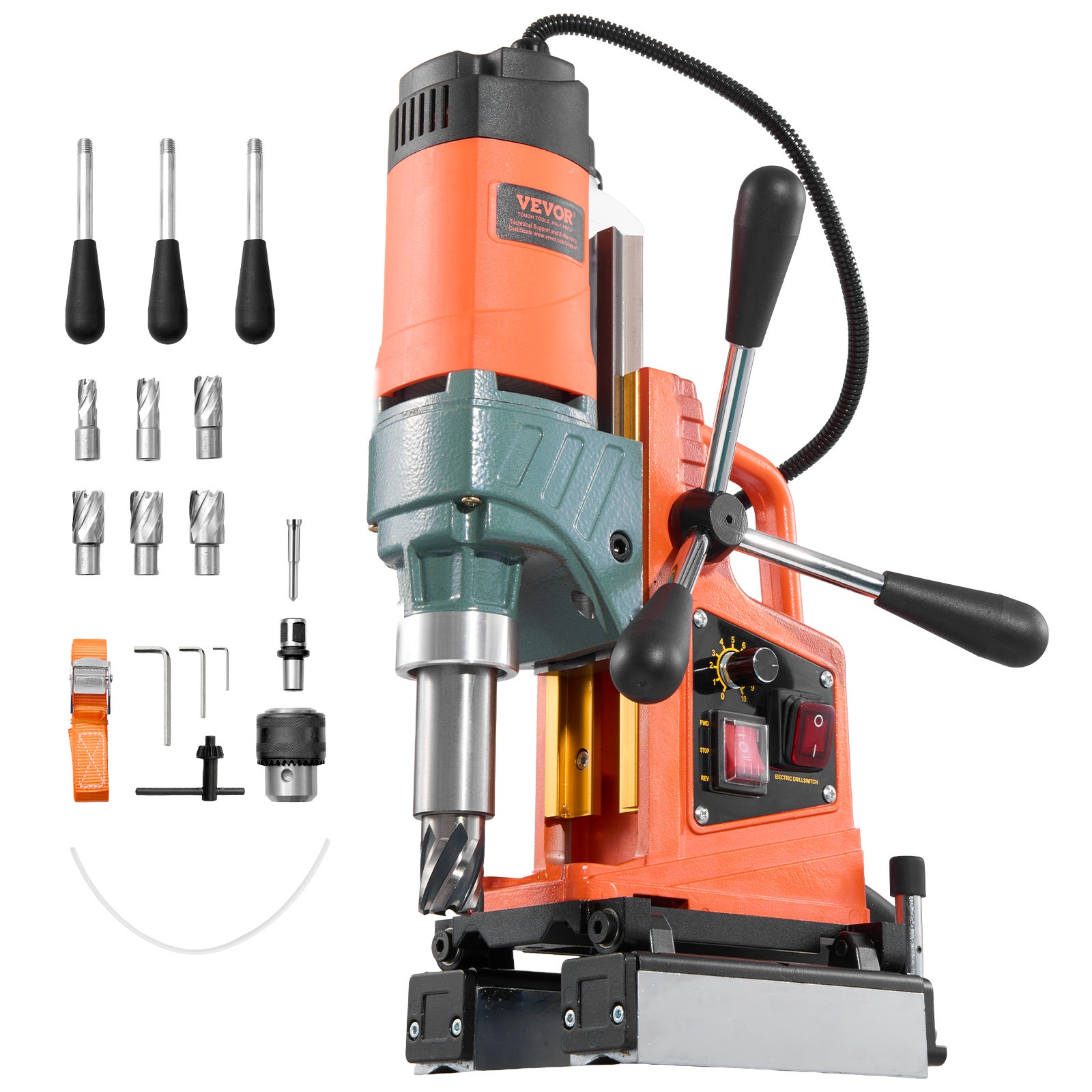 Wiertarka magnetyczna VEVOR 1400 W 850 obr./min z 6 wiertłami rdzeniowymi, pomarańczowa