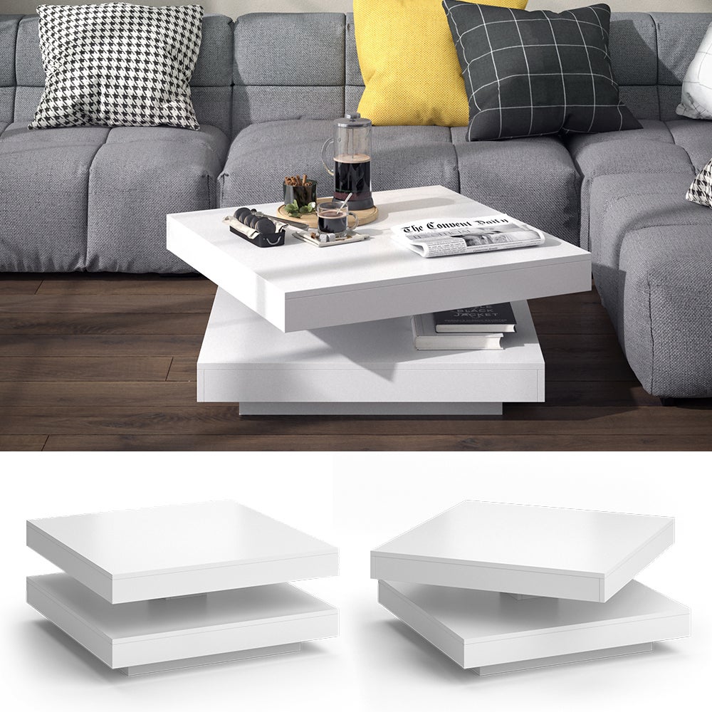 Tavolino Da Caffè Elias Girevole 70x70 Cm - Bianco Opaco, Piano In Truciolato Con Rivestimento Melaminico