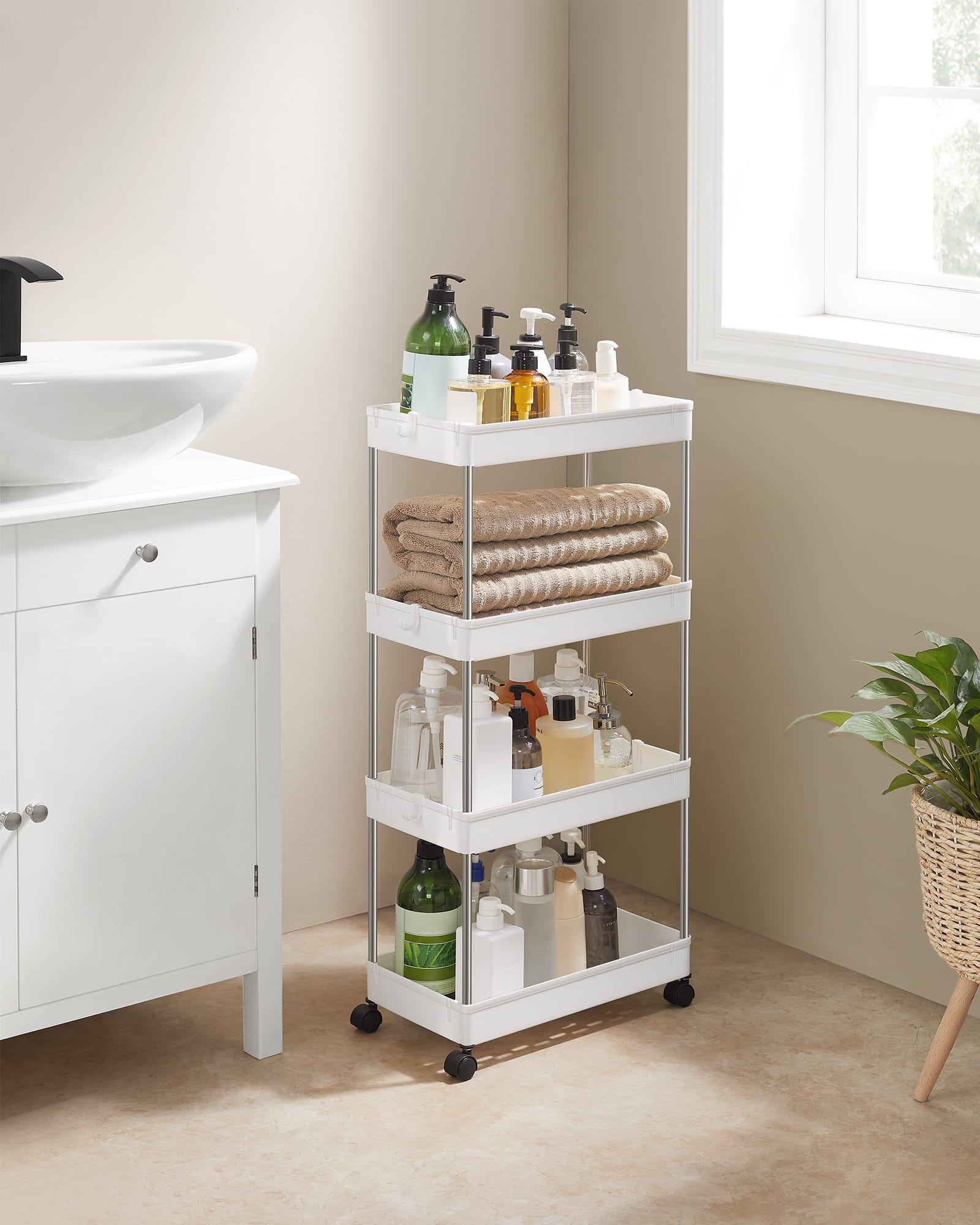 LANTUS Carrello Portaoggetti Mobile A 4 Livelli Sottile Con Ruote E Calice Sospeso - Scaffale Salvaspazio Per Cucina, Bagno, Ufficio - Nero/Bianco, 40x22x90 Cm