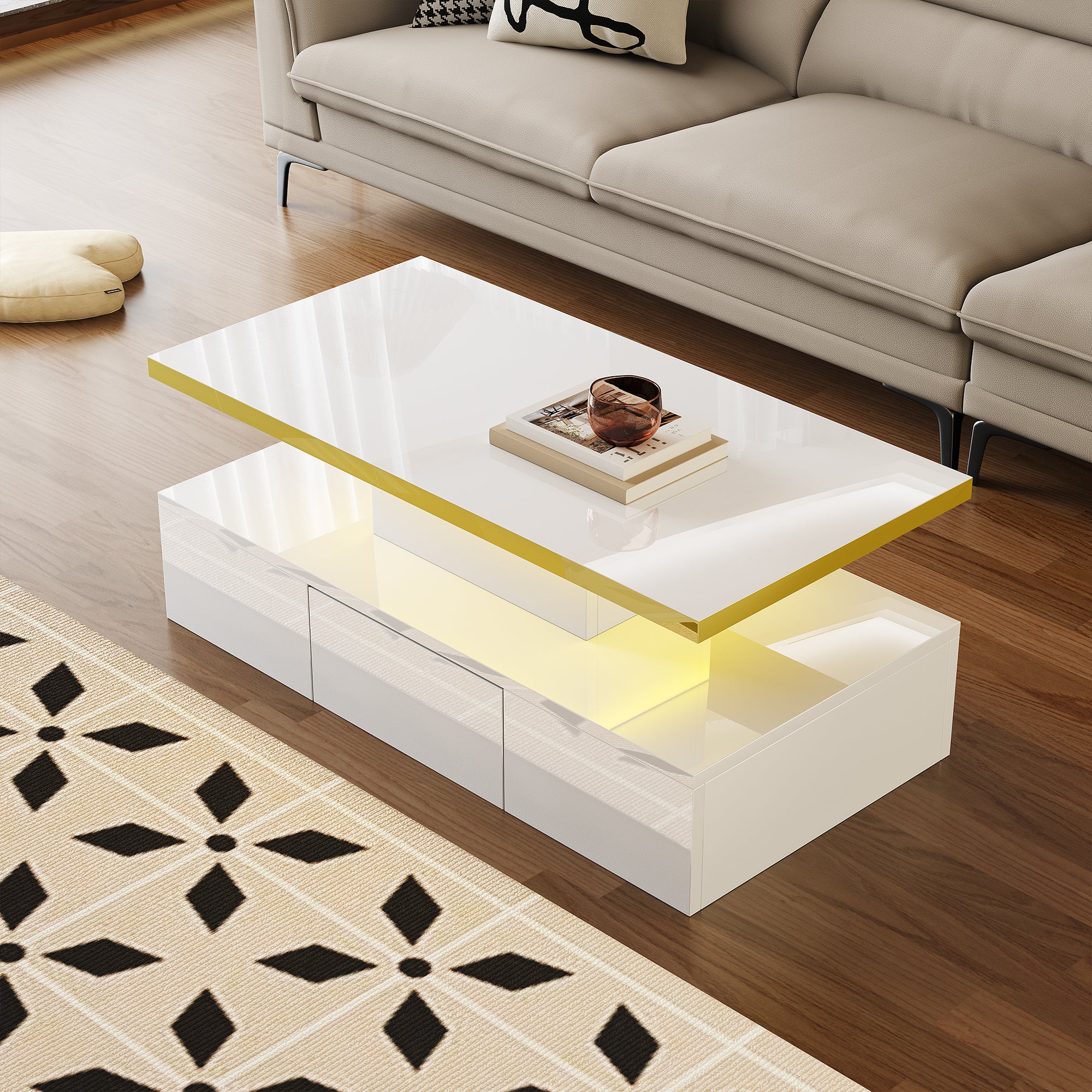 Tavolino quadrato 80x80x40cm, piano in vetro lucido, tavolo LED con ruote piroettanti, Bianco+Nero
