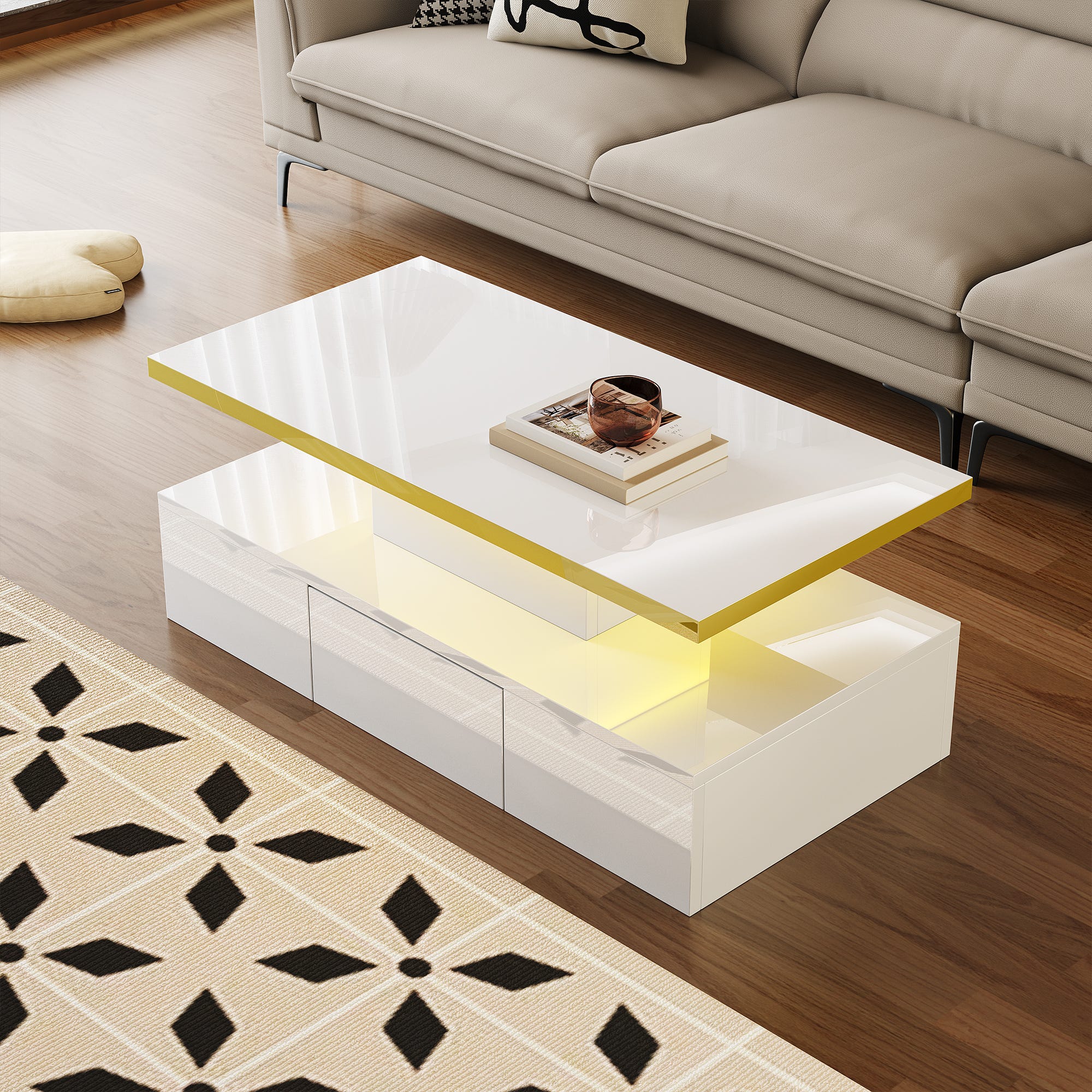Tavolino quadrato 80x80x40cm, piano in vetro lucido, tavolo LED con ruote piroettanti, Bianco+Nero Tavolino quadrato 80x80x40cm, piano in vetro lucido, tavolo LED con ruote piroettanti, Bianco+Nero