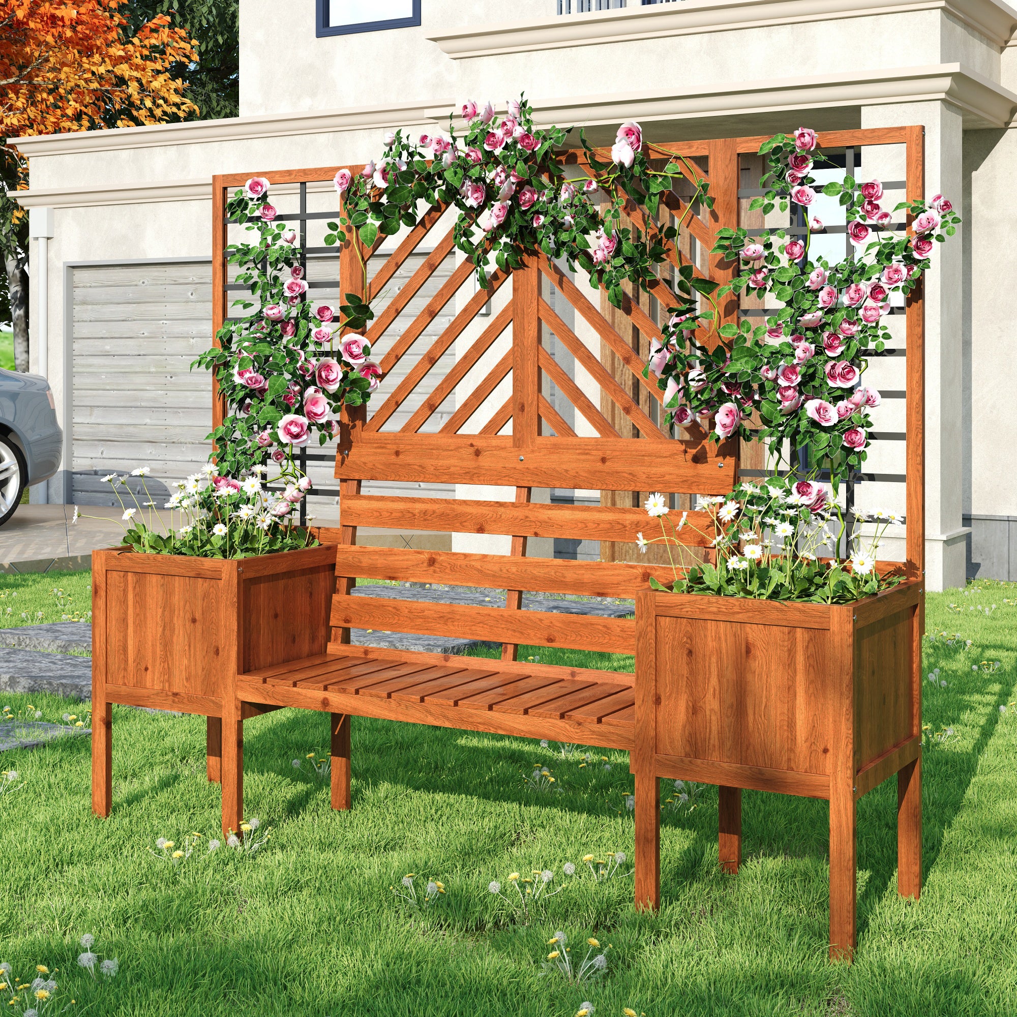 Lot de 2 Jardinière sur pièds avec Treillis en bois massif + 1 banc 2 places - 170 x 42 x 145 cm - Marron - 6