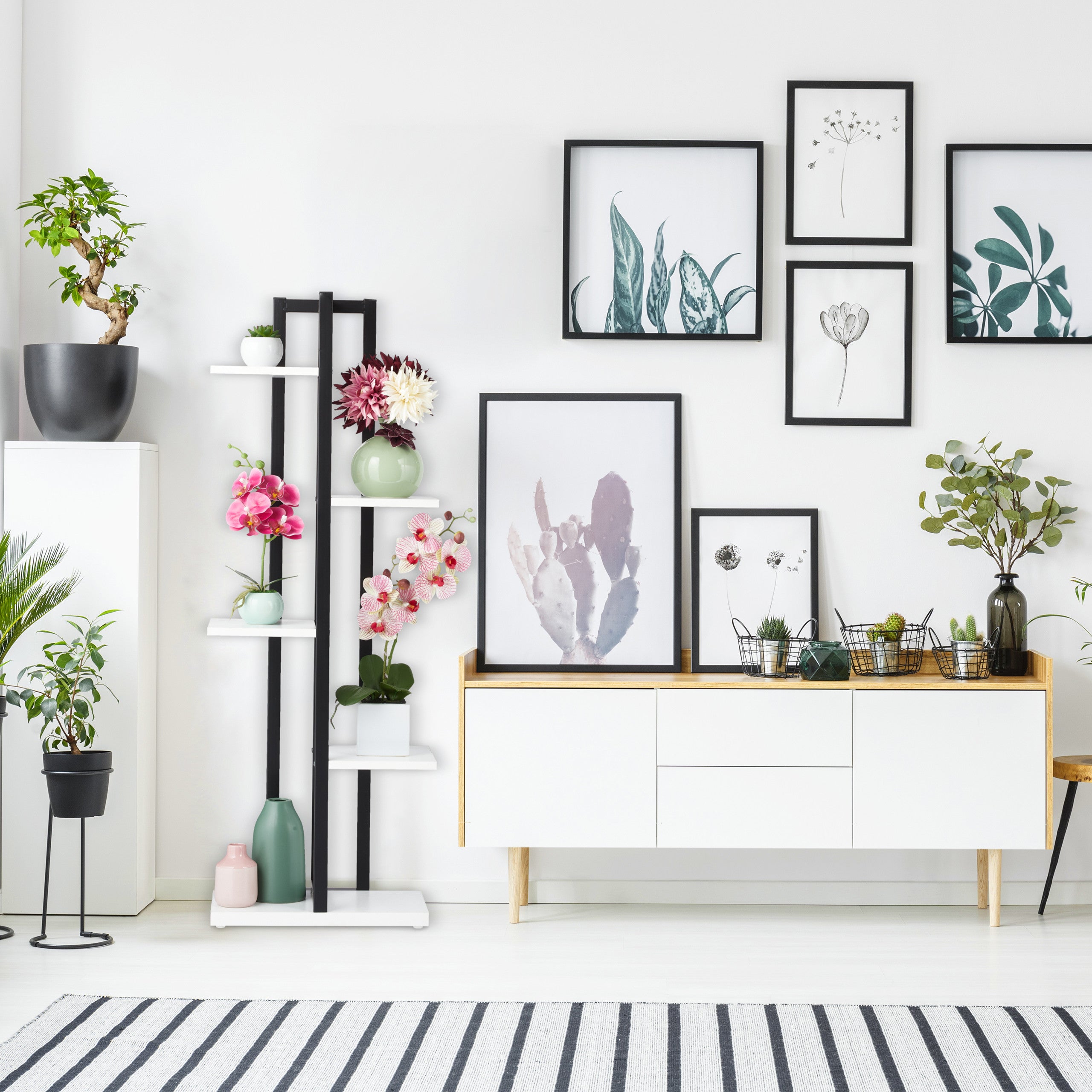 Étagère à plantes, escalier fleurs, 5 niveaux, HLP 117 x 43 x 22 cm, acier MDF, support intérieur, blanc, Relaxdays - 2