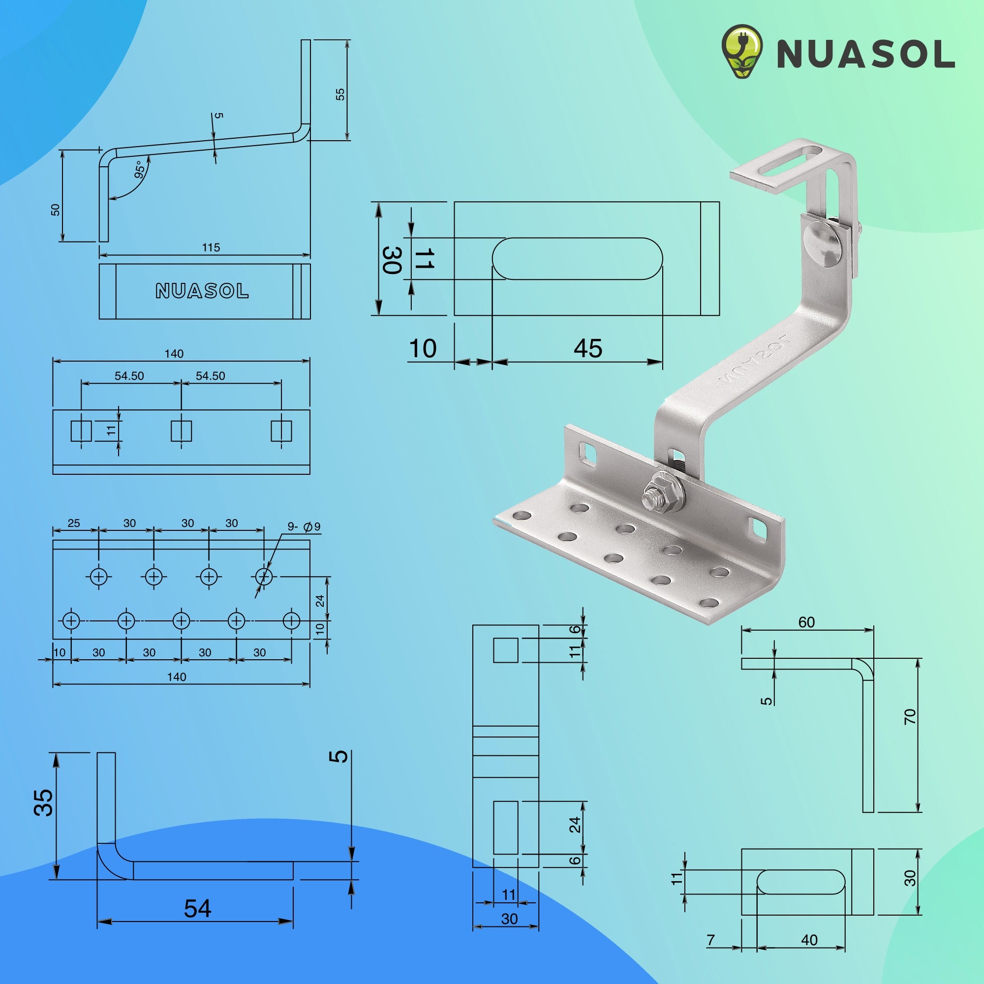 NUASOL Kit de montage photovoltaïque PV pour toit de tuile, crochets de toit, avec profilé solaire en aluminium, embouts de 35 mm - 12
